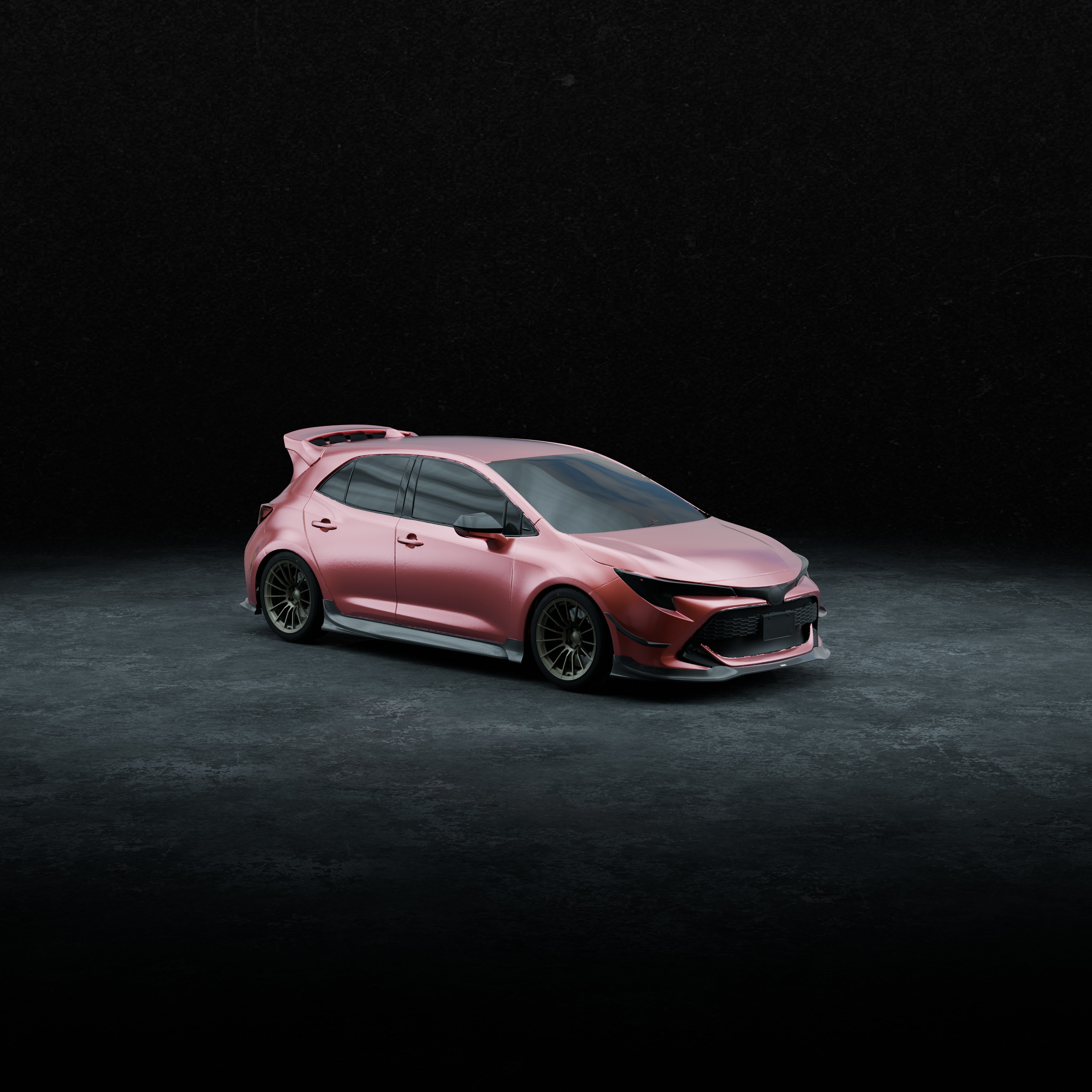 Studio render of a pink Toyota Corolla Hatchback with the Epsilon+ front lip