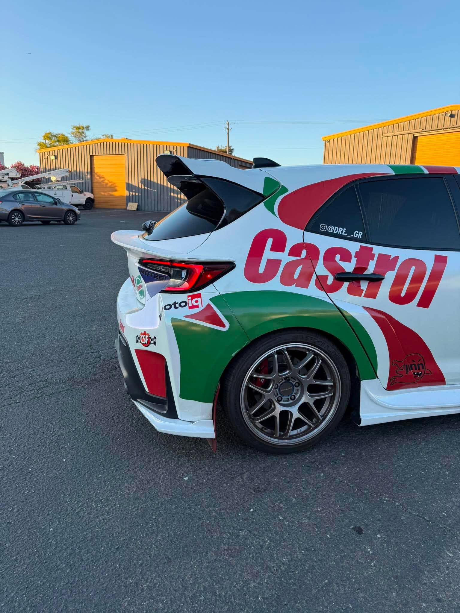 Close rear three-quarter view of the mid wing on a Castrol Corolla Hatchback