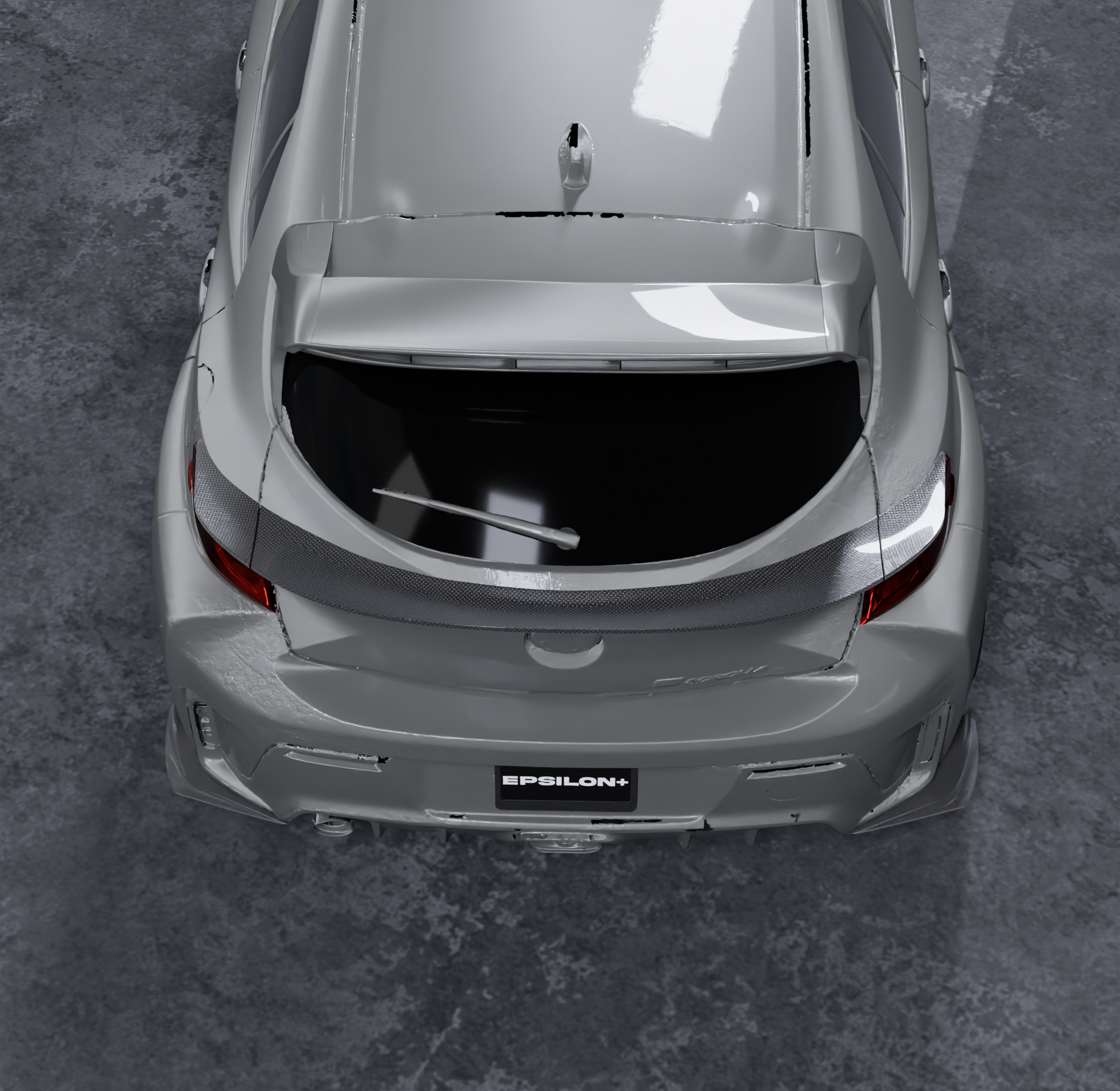 Rear-on render of a silver Corolla Hatchback with the Epsilon+ mid wing