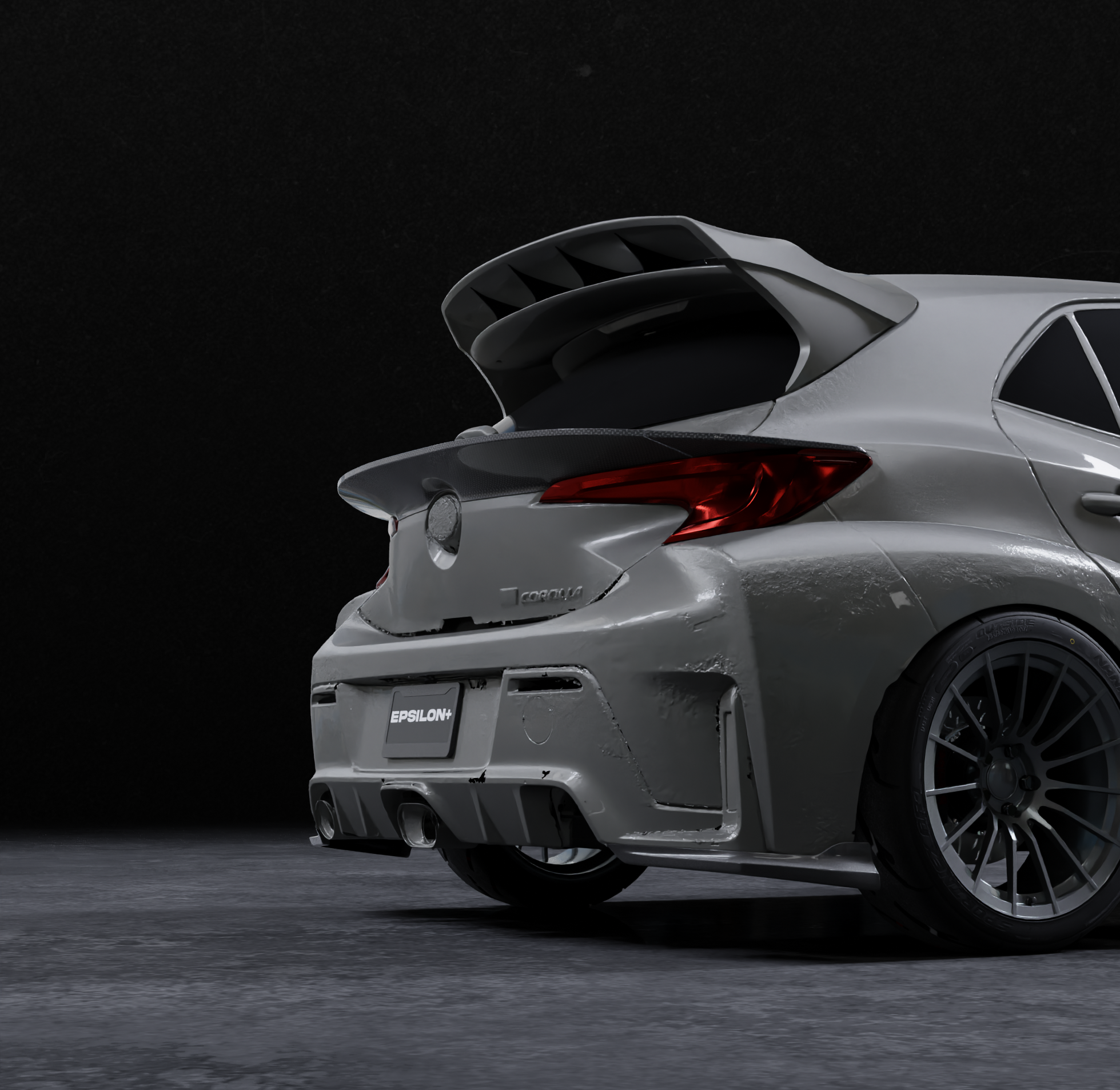 Studio render of a silver Corolla Hatchback with the Epsilon+ mid wing