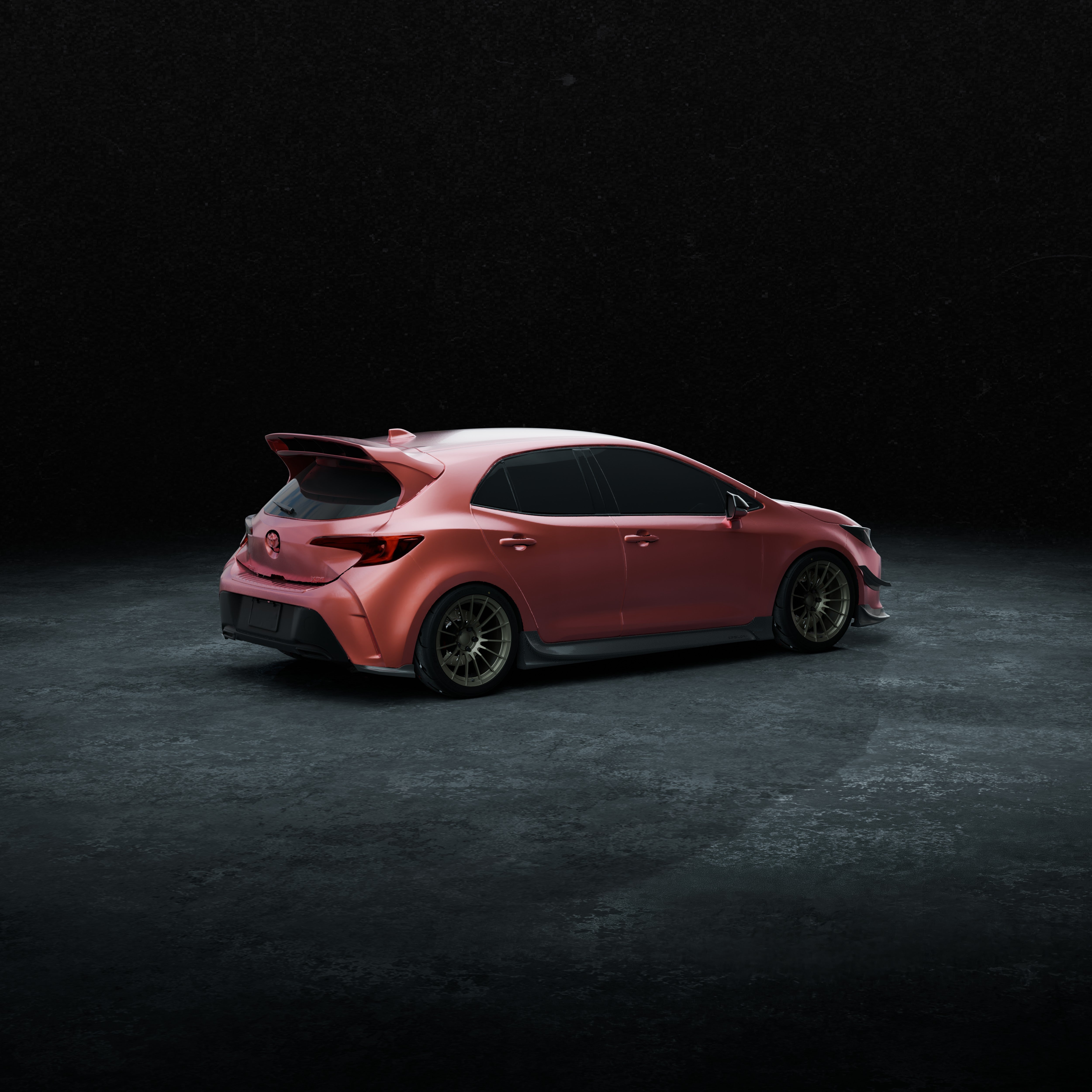 Side-rear studio render of a pink Corolla Hatchback fitted with Epsilon+ rear spats