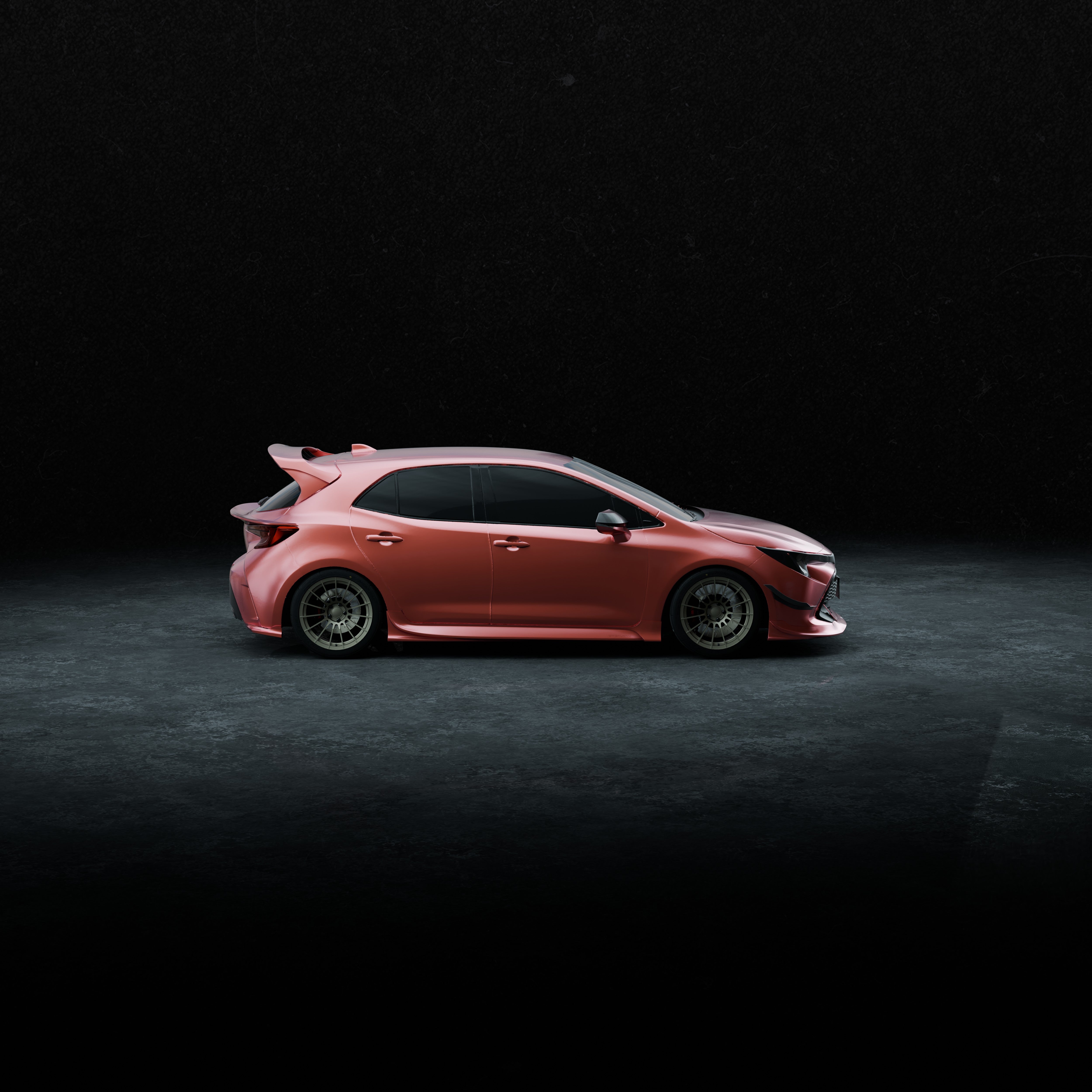 Studio render of a pink Corolla Hatchback showing the Epsilon+ side skirt profile