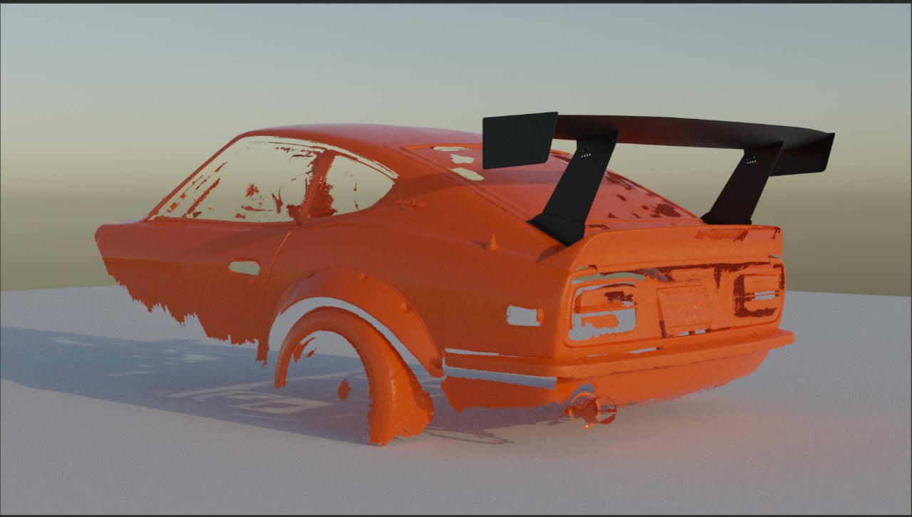 Rear three-quarter 3D render of an orange Datsun 240Z with GT wing fitment