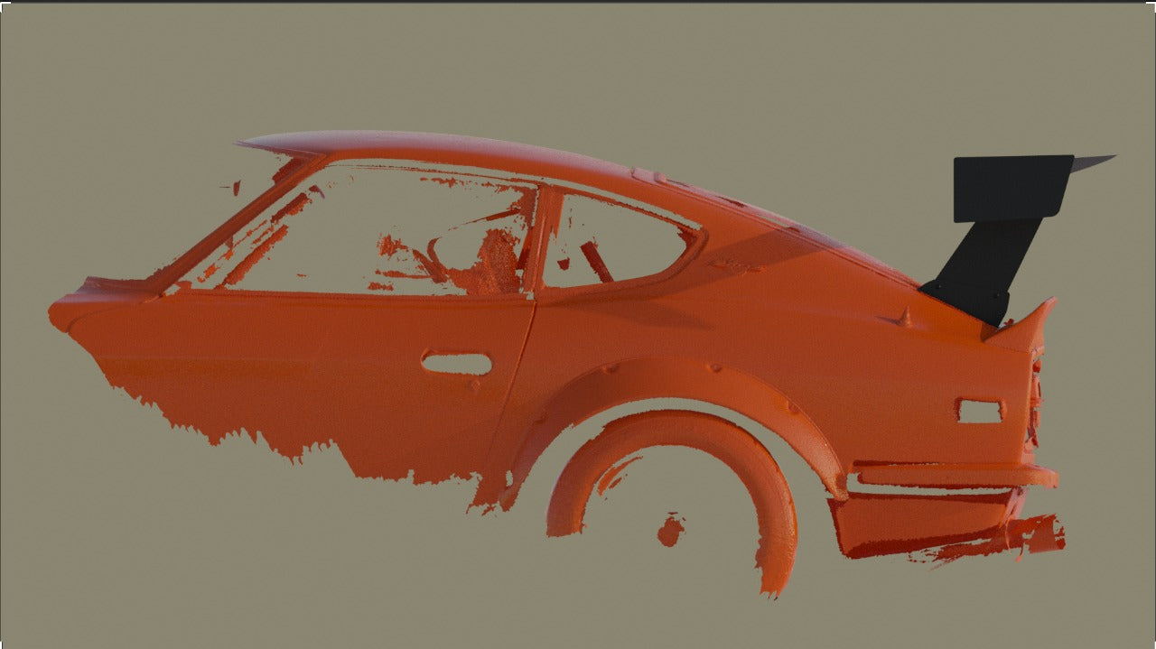 3D scan render of an orange Datsun 240Z showing GT wing placement