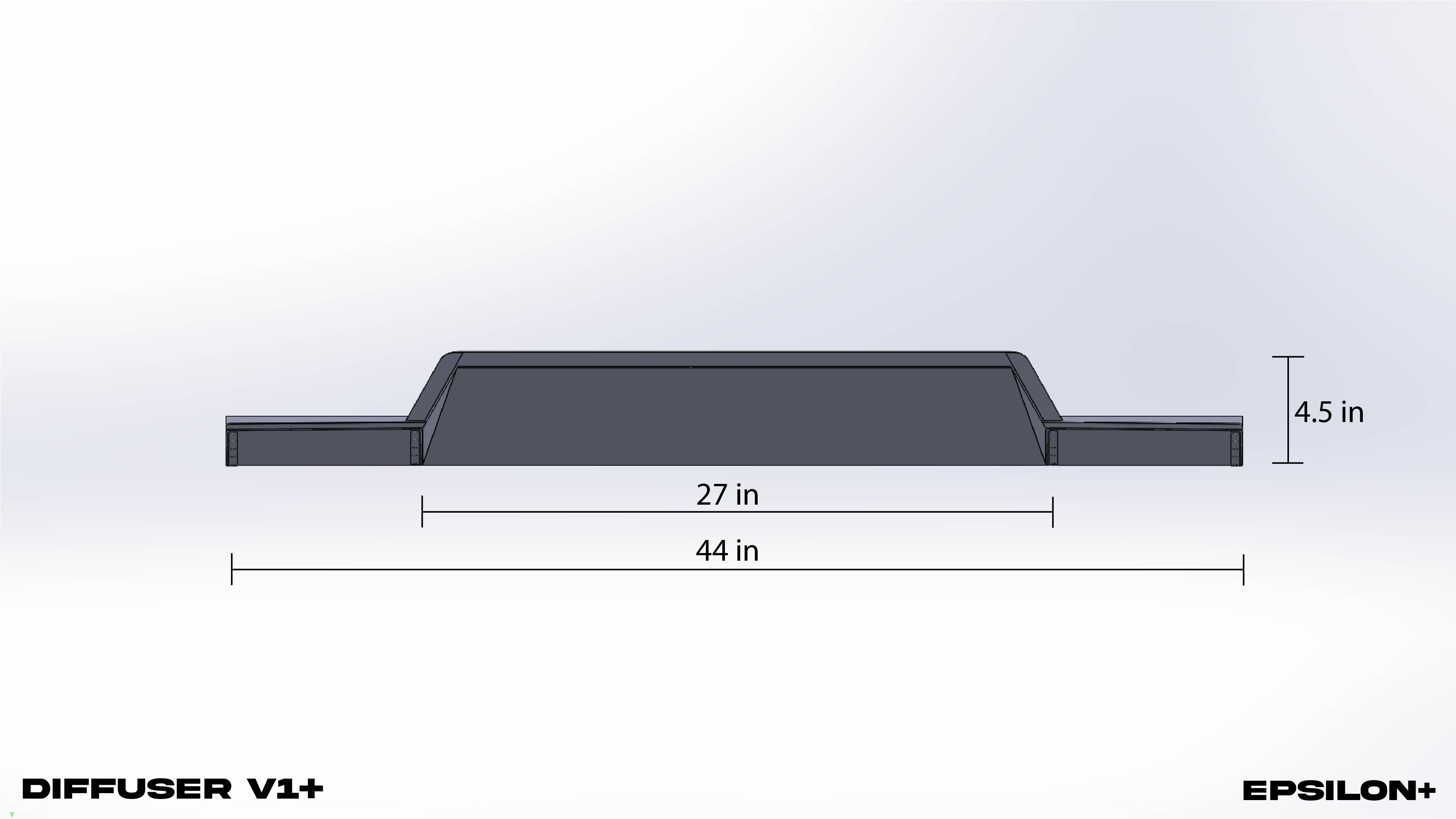 CAD rendering of the Diffuser V1+ with width and depth dimensions labeled