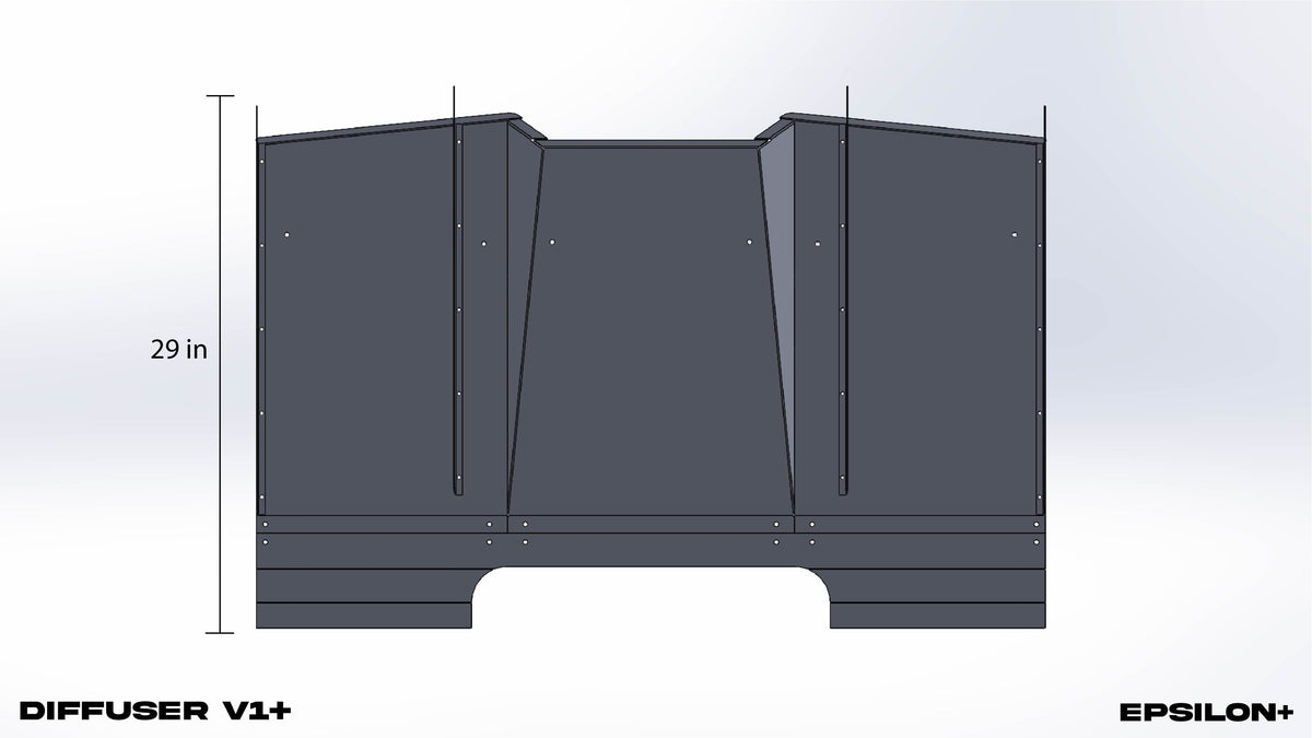 CAD rendering of the Diffuser V1+ rear view with height dimension labeled