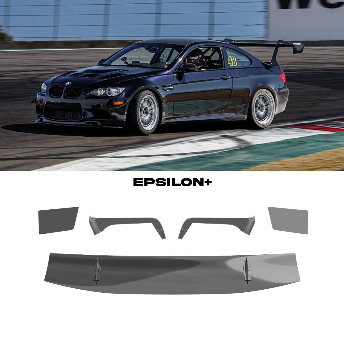 Epsilon+ GT wing for the BMW 3 Series / M3 Coupe (E92): a dark E92 M3 on track with the swan-neck kit, above the kit's wing, endplates, Type C swan uprights and CNC base