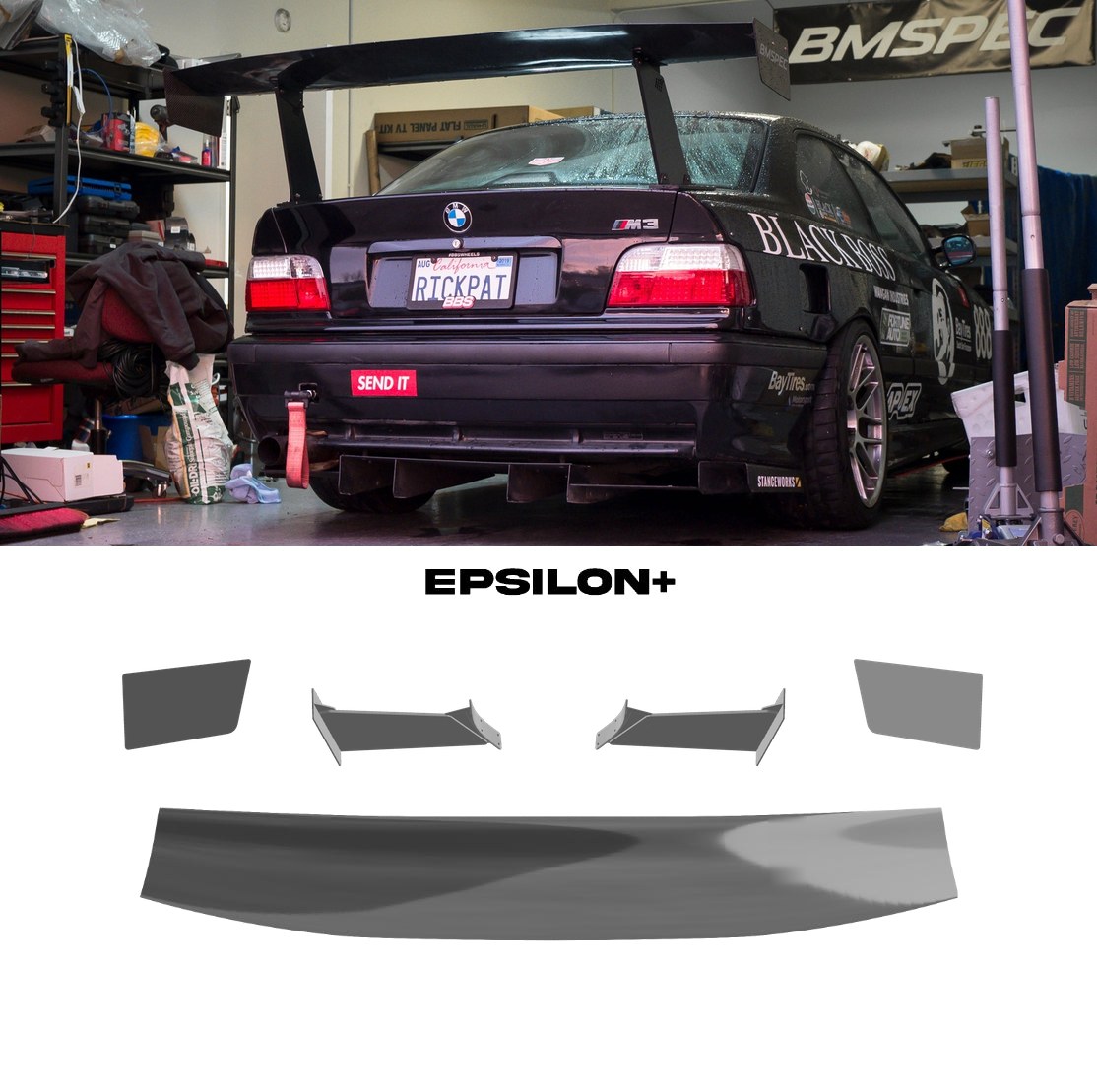 Epsilon+ GT wing for the BMW 3 Series / M3 (E36): a black E36 M3 race car with the bottom-mount kit, above the kit's wing, endplates, 11.5" uprights and base