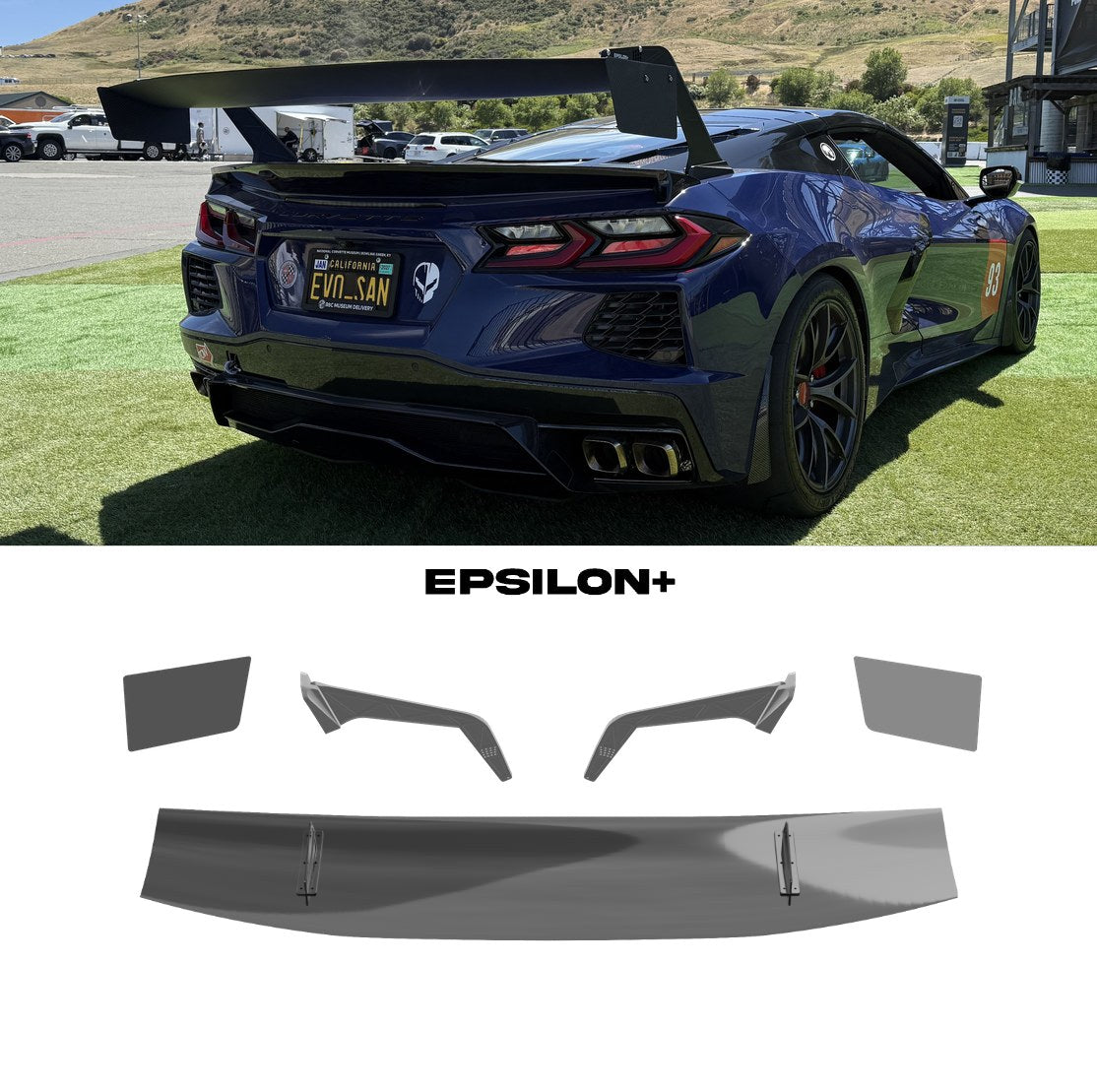 Epsilon+ GT wing for the Chevrolet Corvette (C8): a blue C8 with the swan-neck kit, above the kit's wing, endplates, C8 swan uprights and base bar