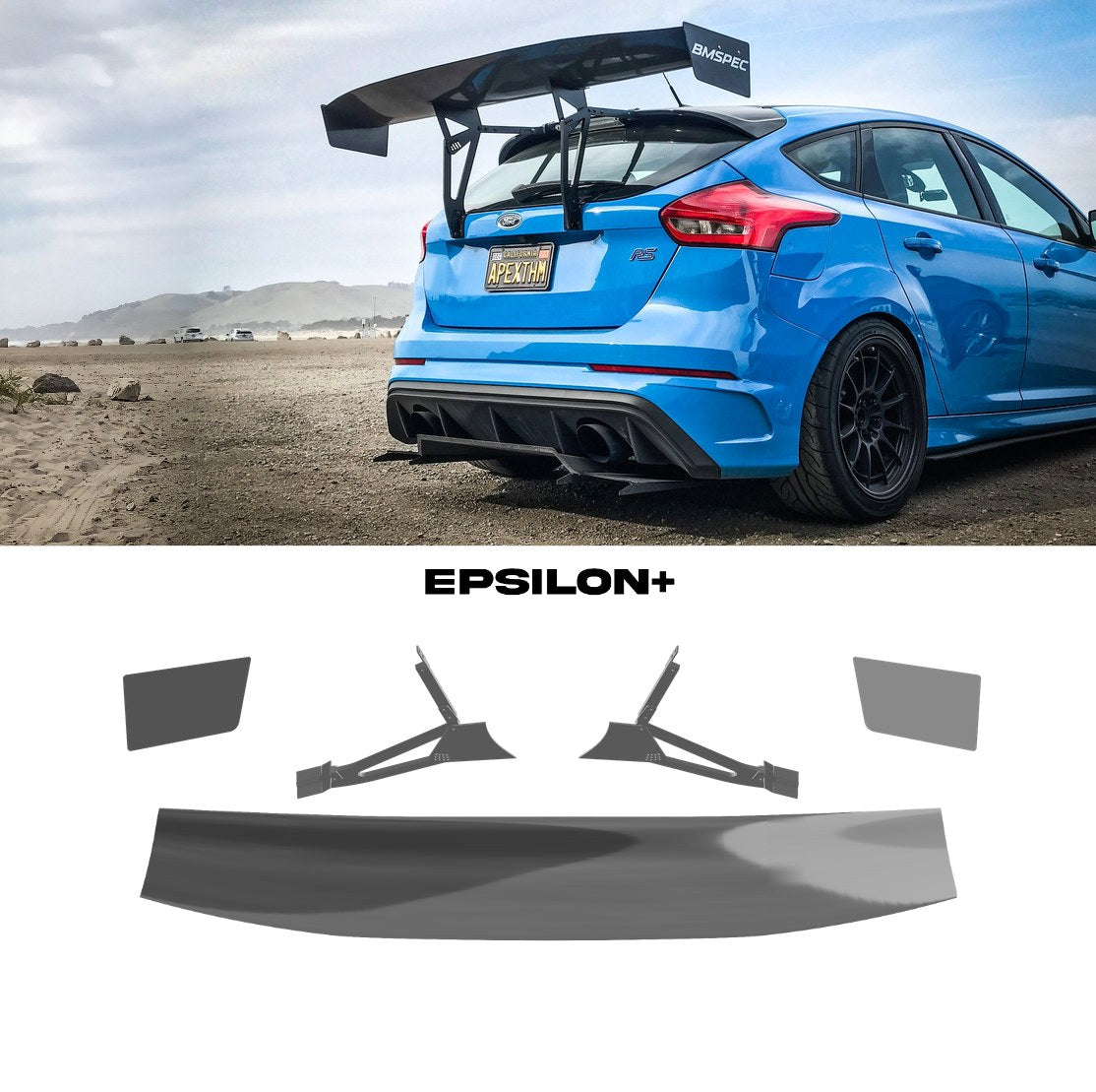 Epsilon+ GT wing for the Ford Focus Hatchback (Mk3): a blue Focus RS with the hatchback kit, above the kit's wing, endplates and Focus Mk3 hatchback uprights