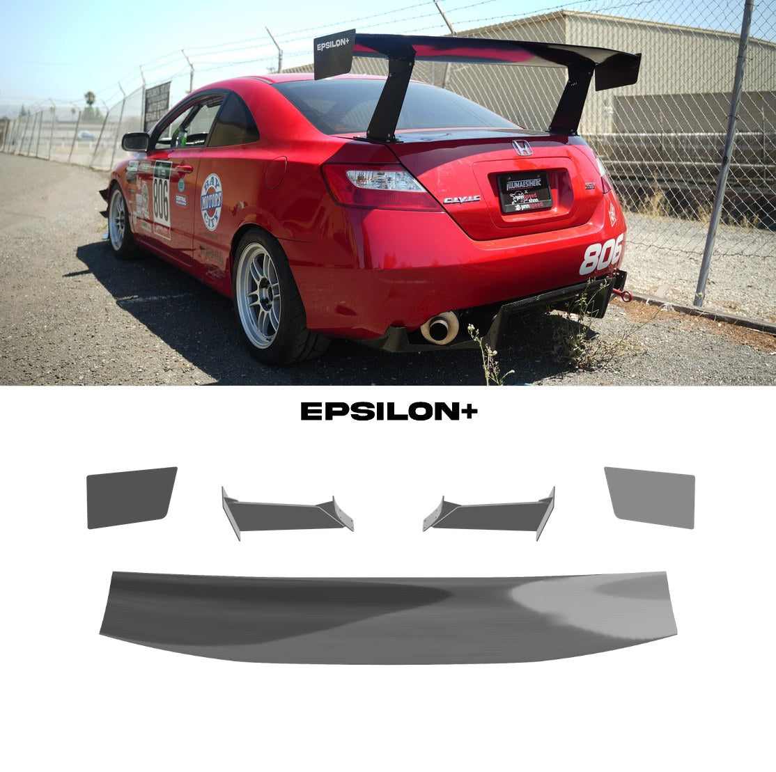 Epsilon+ GT wing for the Honda Civic Coupe (FG2): a red Civic coupe race car with the bottom-mount kit, above the kit's wing, endplates, 11.5" uprights and base