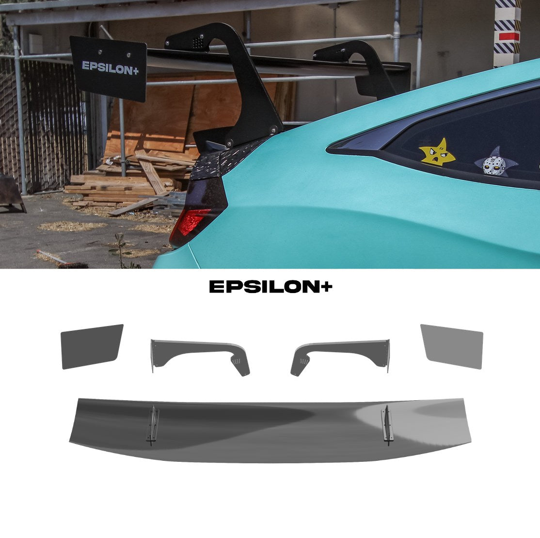 Epsilon+ GT wing for the Honda Civic Si Coupe (FC3): a teal Civic Si coupe with the swan-neck kit, above the kit's wing, endplates, Civic Si swan uprights and base