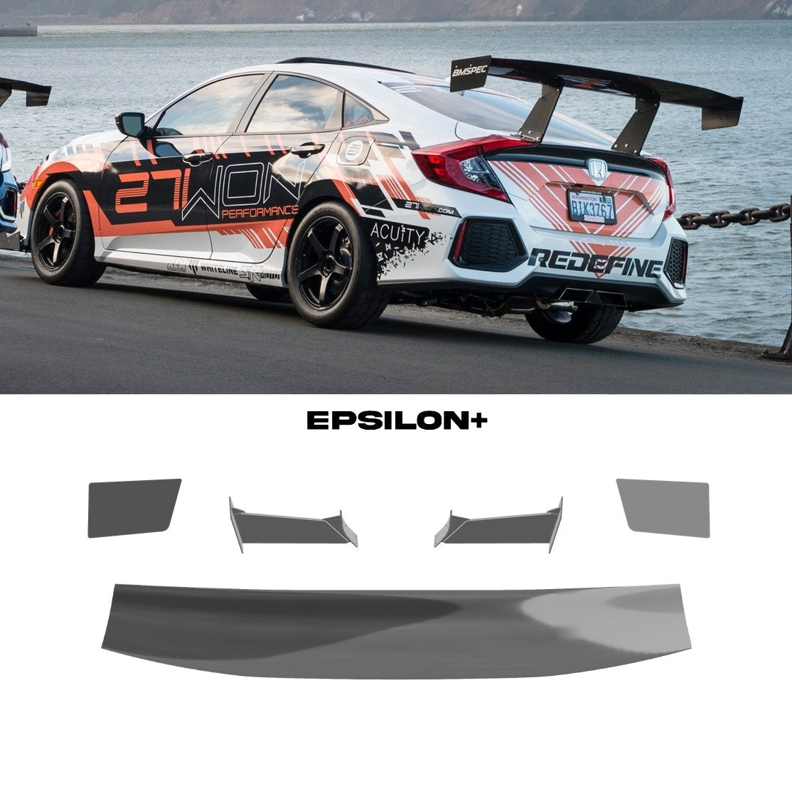 Epsilon+ GT wing for the Honda Civic Si Sedan (FC1): a white liveried Civic sedan with the bottom-mount kit, above the kit's wing, endplates, 11.5" uprights and base