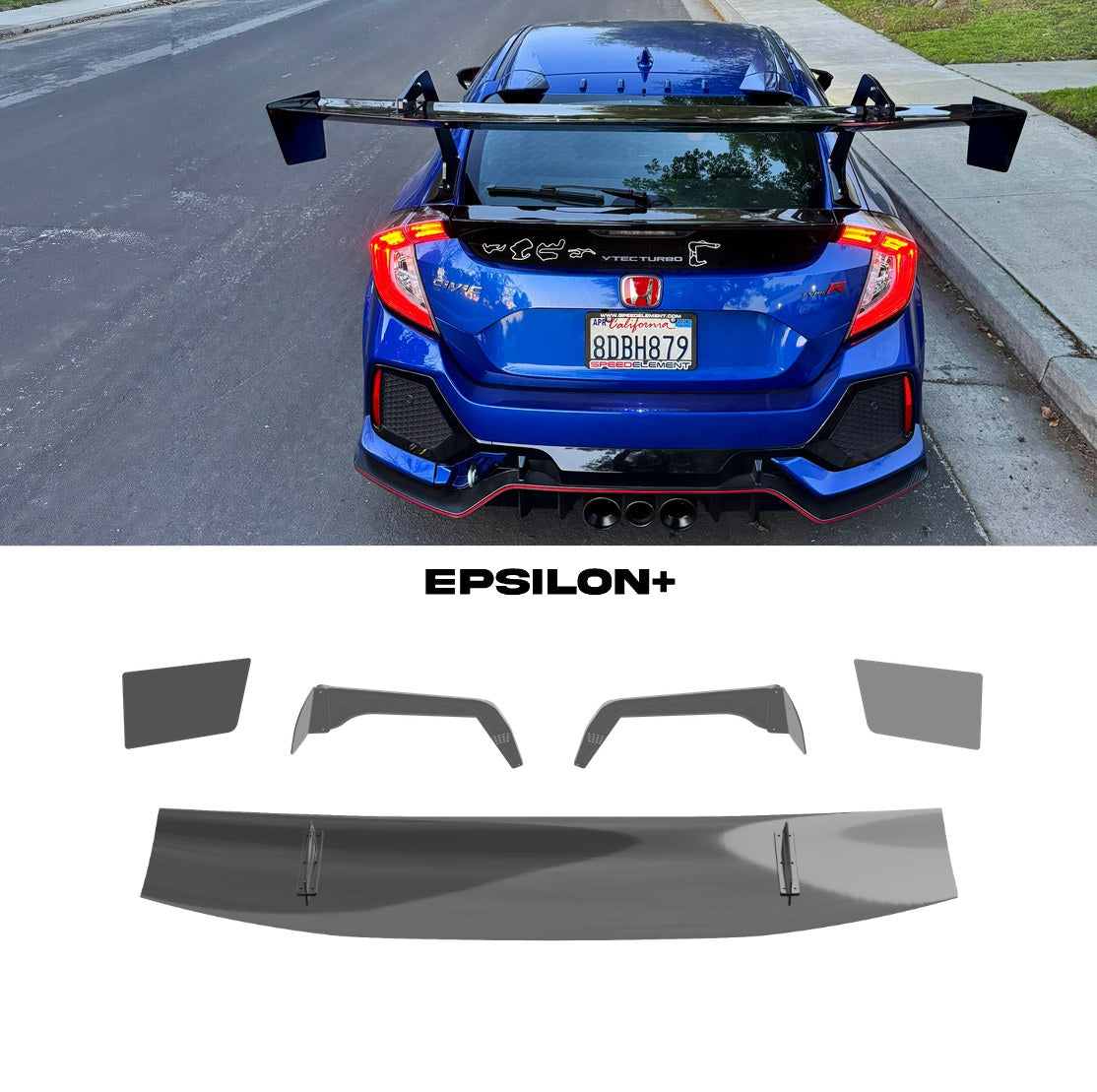 Epsilon+ GT wing for the Honda Civic Type R (FK8): a blue FK8 with the swan-neck kit, above the kit's wing, endplates and Type R swan uprights