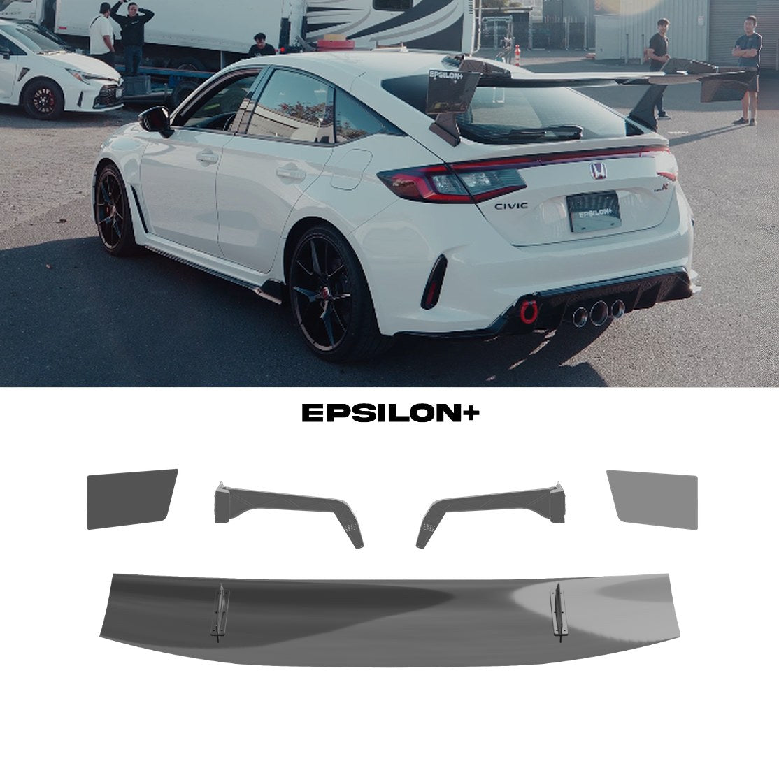 Epsilon+ GT wing for the Honda Civic Type R (FL5): a white FL5 with the swan-neck kit, above the kit's wing, endplates, Type R swan uprights and CNC base