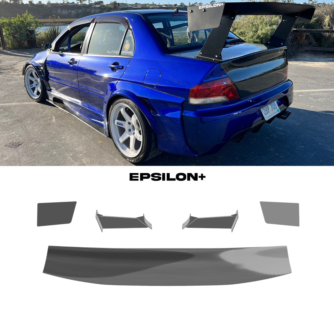 Epsilon+ GT wing for the Mitsubishi Evo VII/VIII/IX (CT9A): a blue Evo with the bottom-mount kit, above the kit's wing, endplates, 11.5" uprights and base