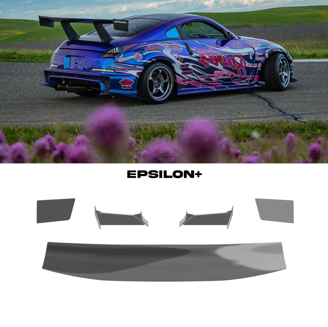 Epsilon+ GT wing for the Nissan 350Z Coupe (Z33): a purple liveried 350Z with the bottom-mount kit, above the kit's wing, endplates, 11.5" uprights and base