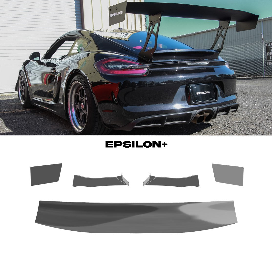 Epsilon+ GT wing for the Porsche Cayman (981/718): a black Cayman with the wing on the raised rear spoiler, above the kit's wing, endplates and Cayman 981 uprights