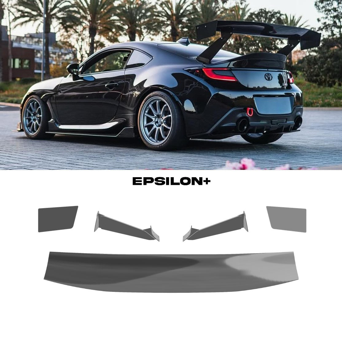 Epsilon+ GT wing for the Subaru BRZ / Toyota GR86 (ZN8): a black GR86 with the bottom-mount kit, and the kit's wing, endplates and bottom-mount uprights