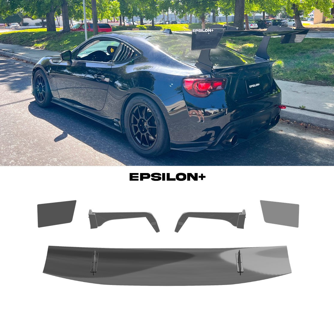 Epsilon+ GT wing for the Scion FR-S / Subaru BRZ / Toyota GT86 (ZN6/ZC6): a dark grey ZN6 with the swan-neck kit, above the kit's wing, endplates, Type B swan uprights and CNC base