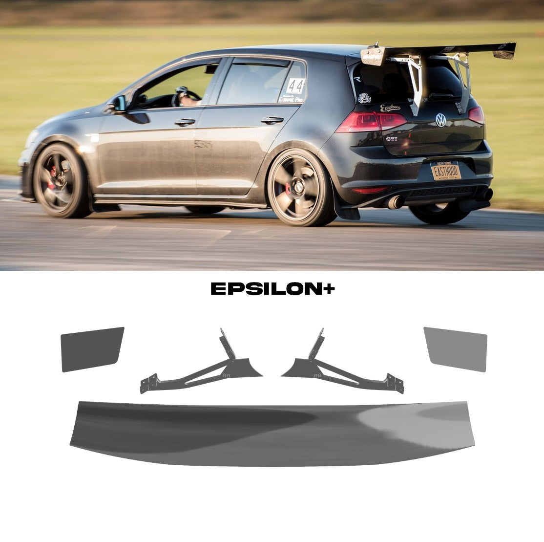 Epsilon+ GT wing for the Volkswagen Golf (Mk7): a dark grey Golf GTI with the hatchback kit, above the kit's wing, endplates and hatchback riser uprights