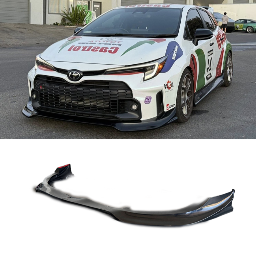 Epsilon+ Front Lip V2 on a Castrol-liveried GR Corolla race car, shown with the standalone lip below