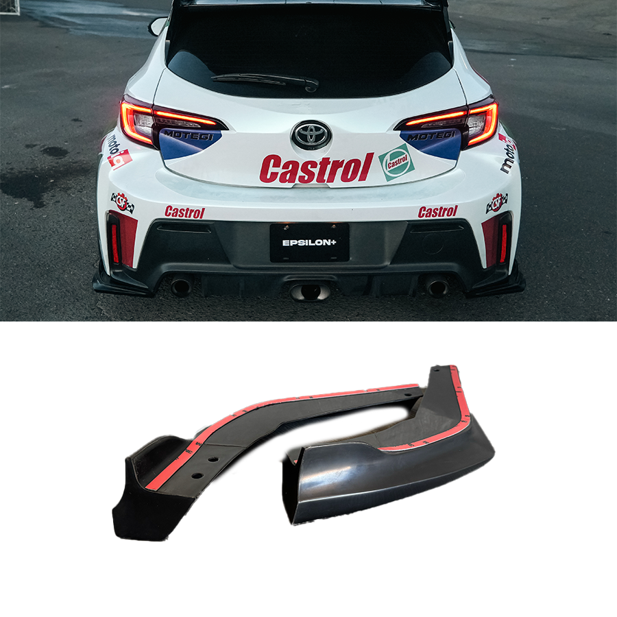 Epsilon+ Rear Spats V2 on a Castrol-liveried GR Corolla, shown with the standalone spat pieces below