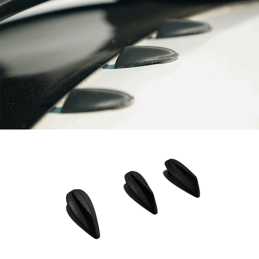 Epsilon+ vortex generators mounted on a GR Corolla roofline, shown with the individual generator pieces below