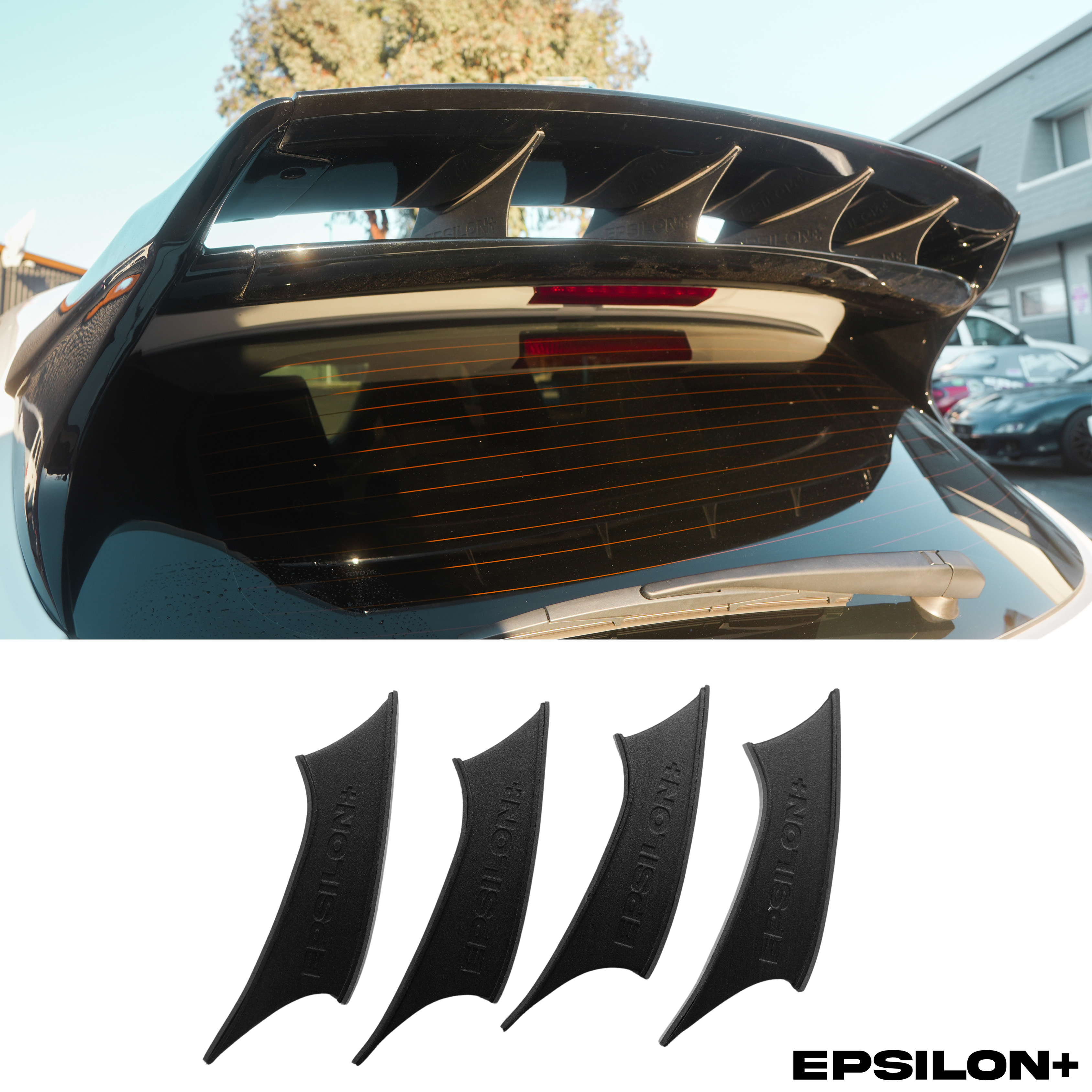Close-up of the WRC Wing Strakes V2 mounted on a GR Corolla wing, with the strake set below