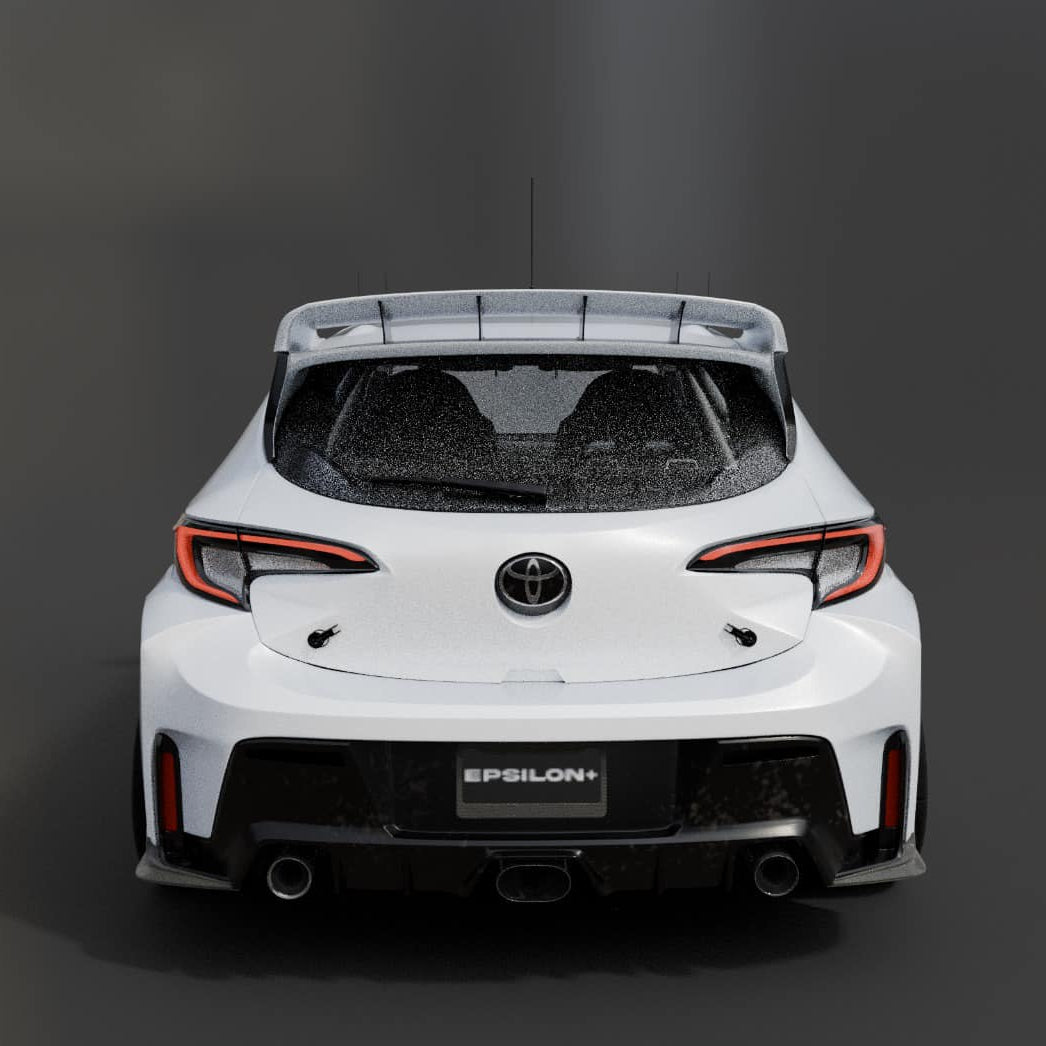 Rear view of a white GR Corolla with WRC Wing Strakes V2, alternate angle