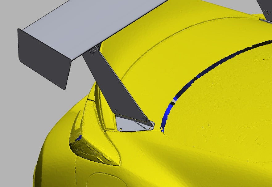 Detail of the TC Wing upright meeting the GR86 deck lid and base plate