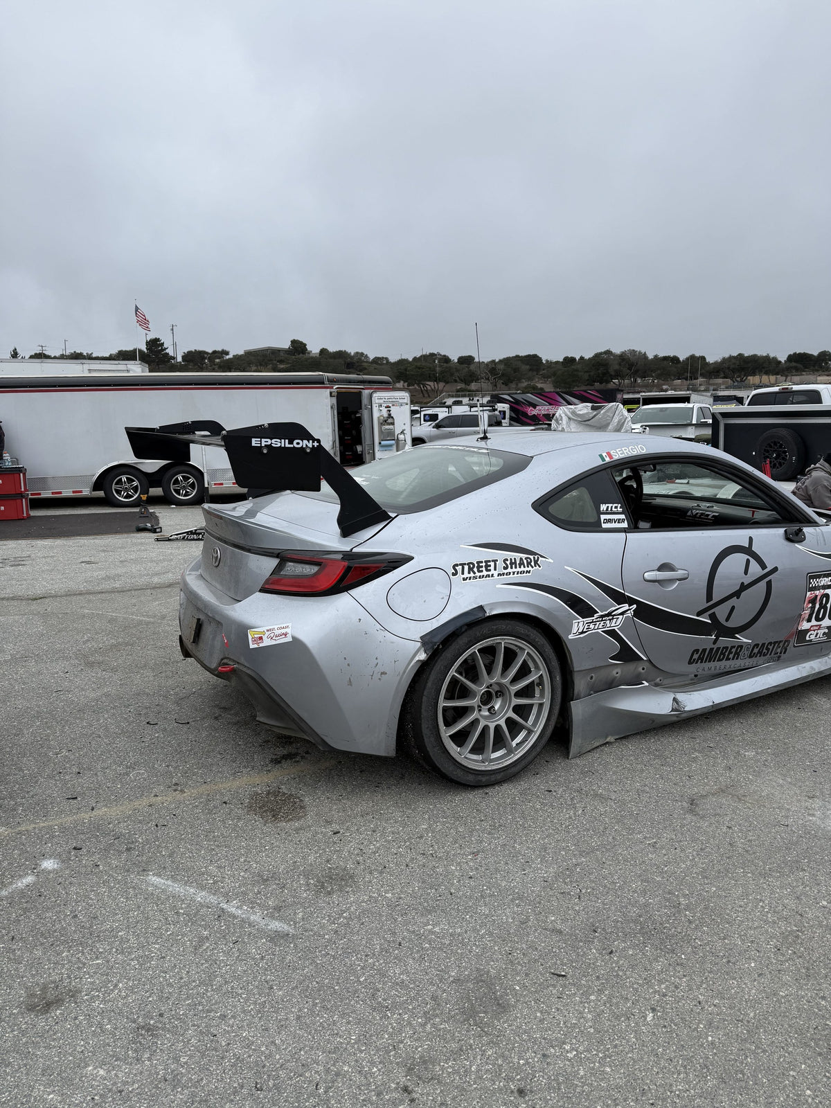 Toyota GR86 ZN8 in WTCC race livery with the Epsilon+ TC Wing, rear quarter view
