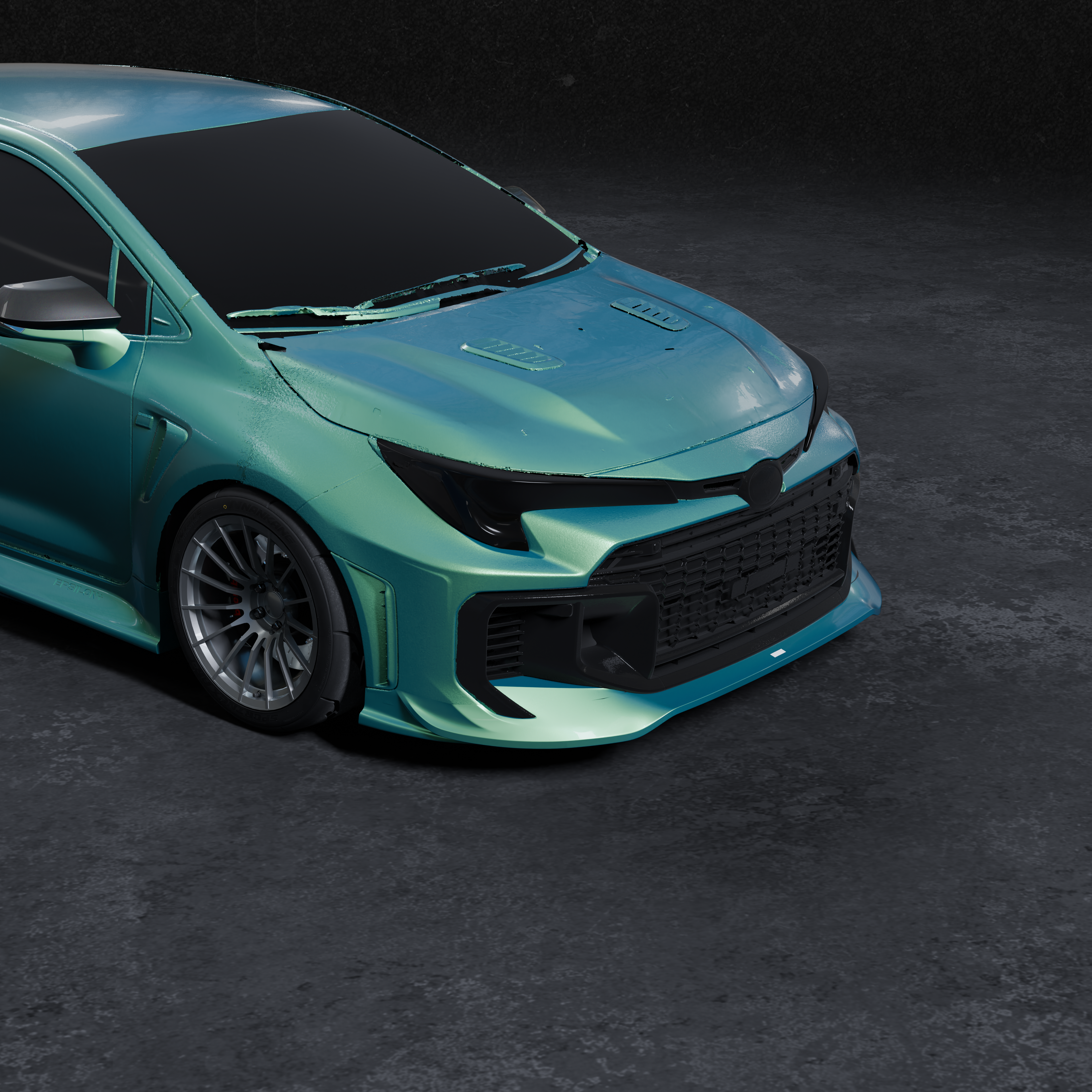 Front-on 3D render of a teal GR Corolla Kouki with fully painted front lip