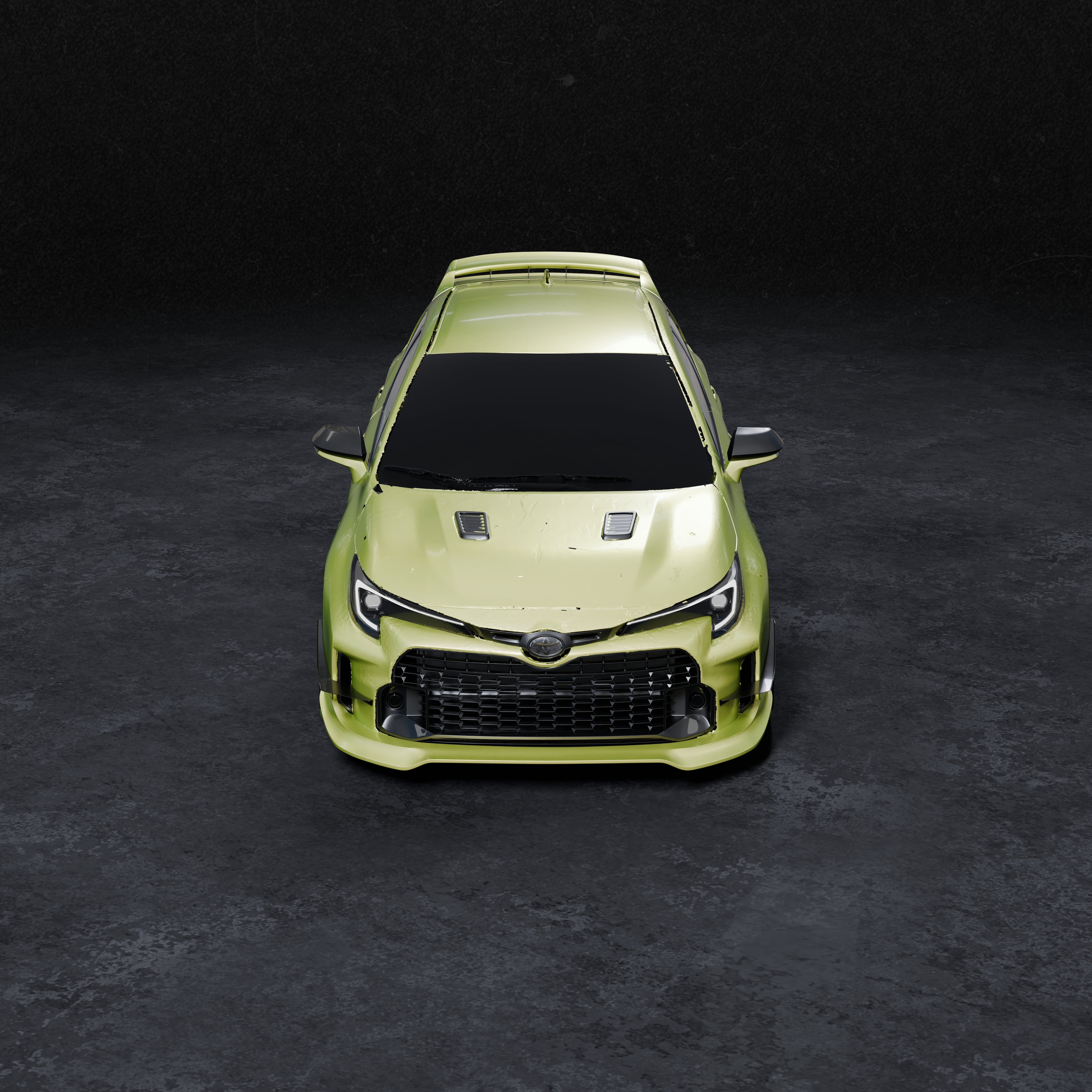 Front three-quarter 3D render of a lime green GR Corolla with front lip V2