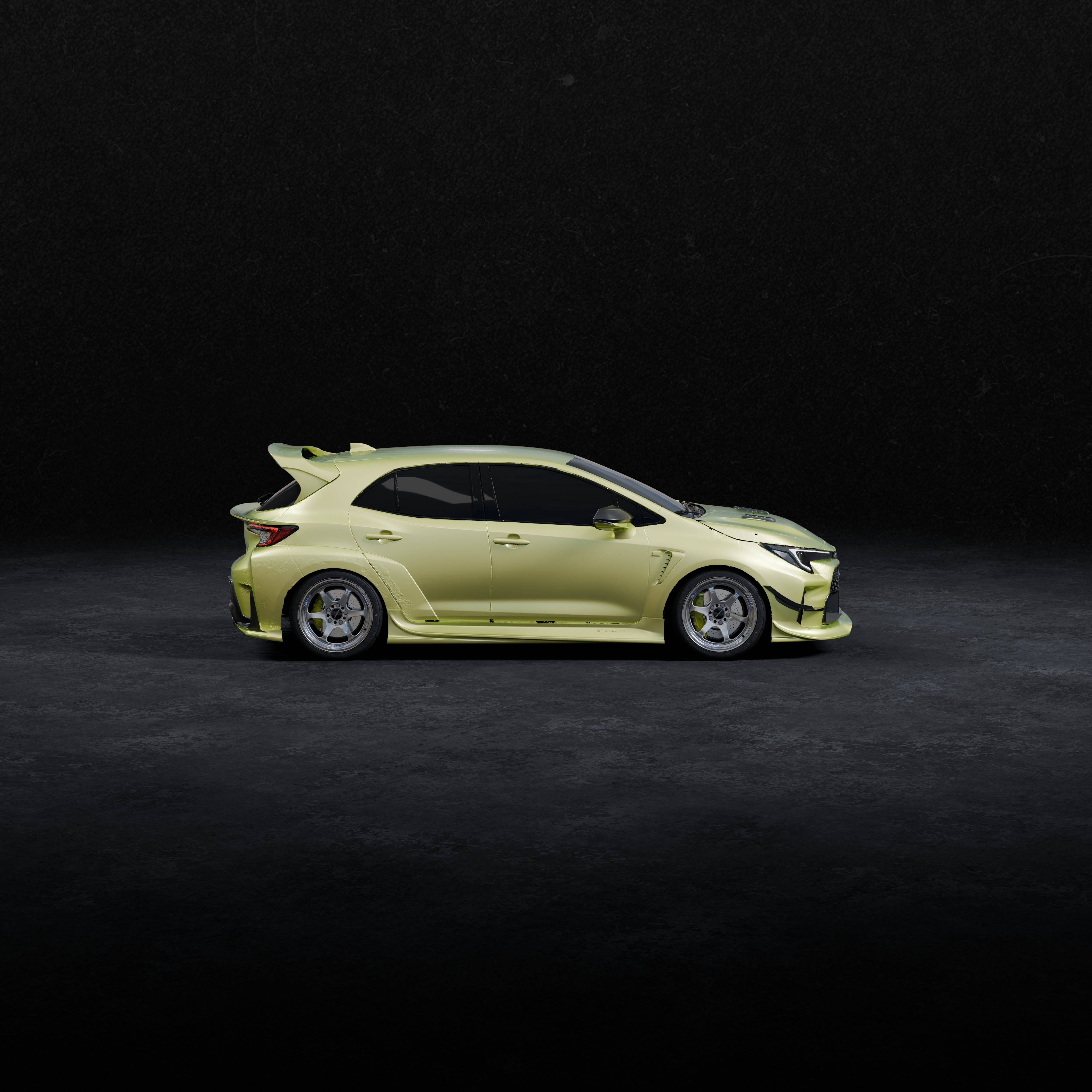 Front three-quarter 3D render of a lime green GR Corolla with side skirts V2