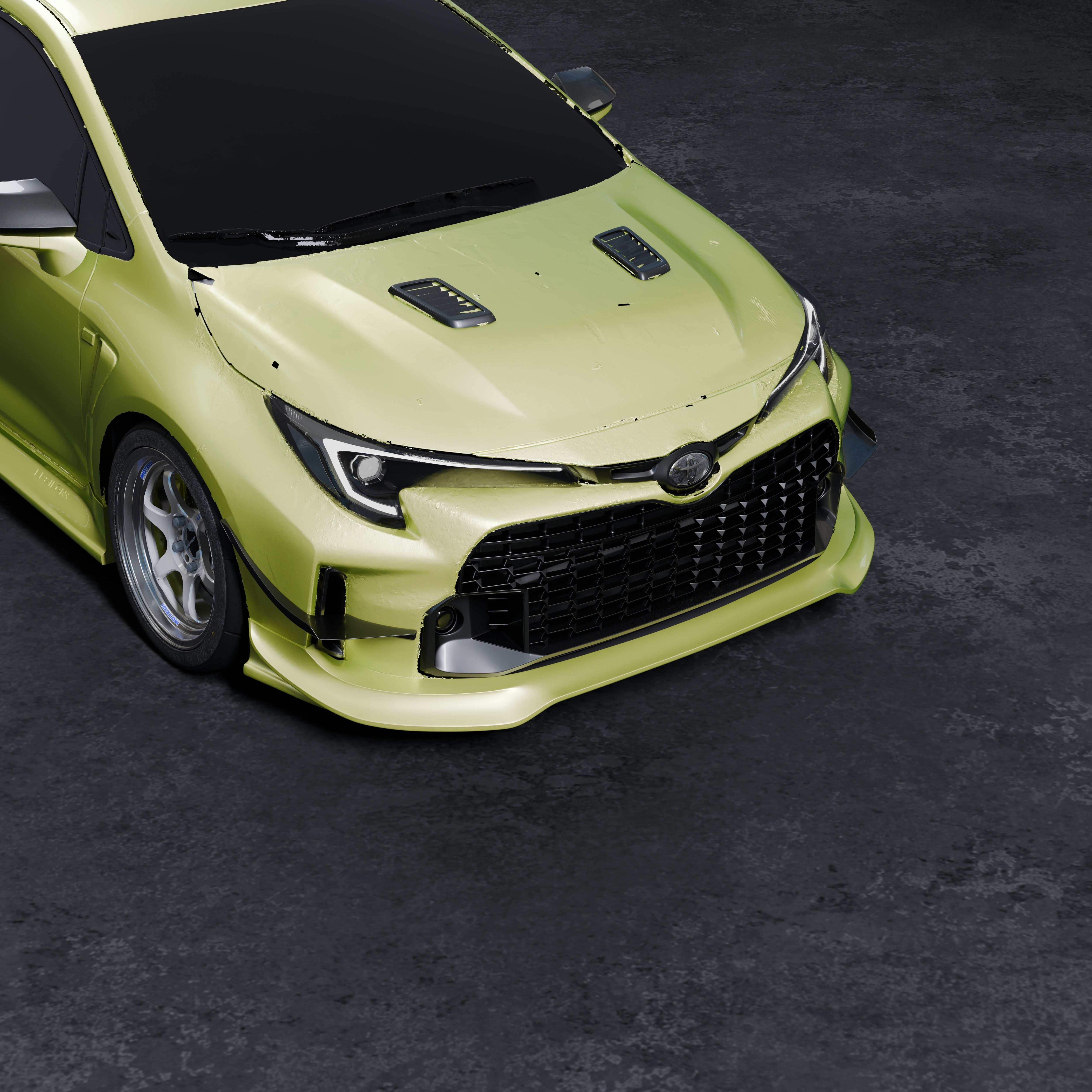 Front three-quarter close-up 3D render of a lime green GR Corolla with front lip V2