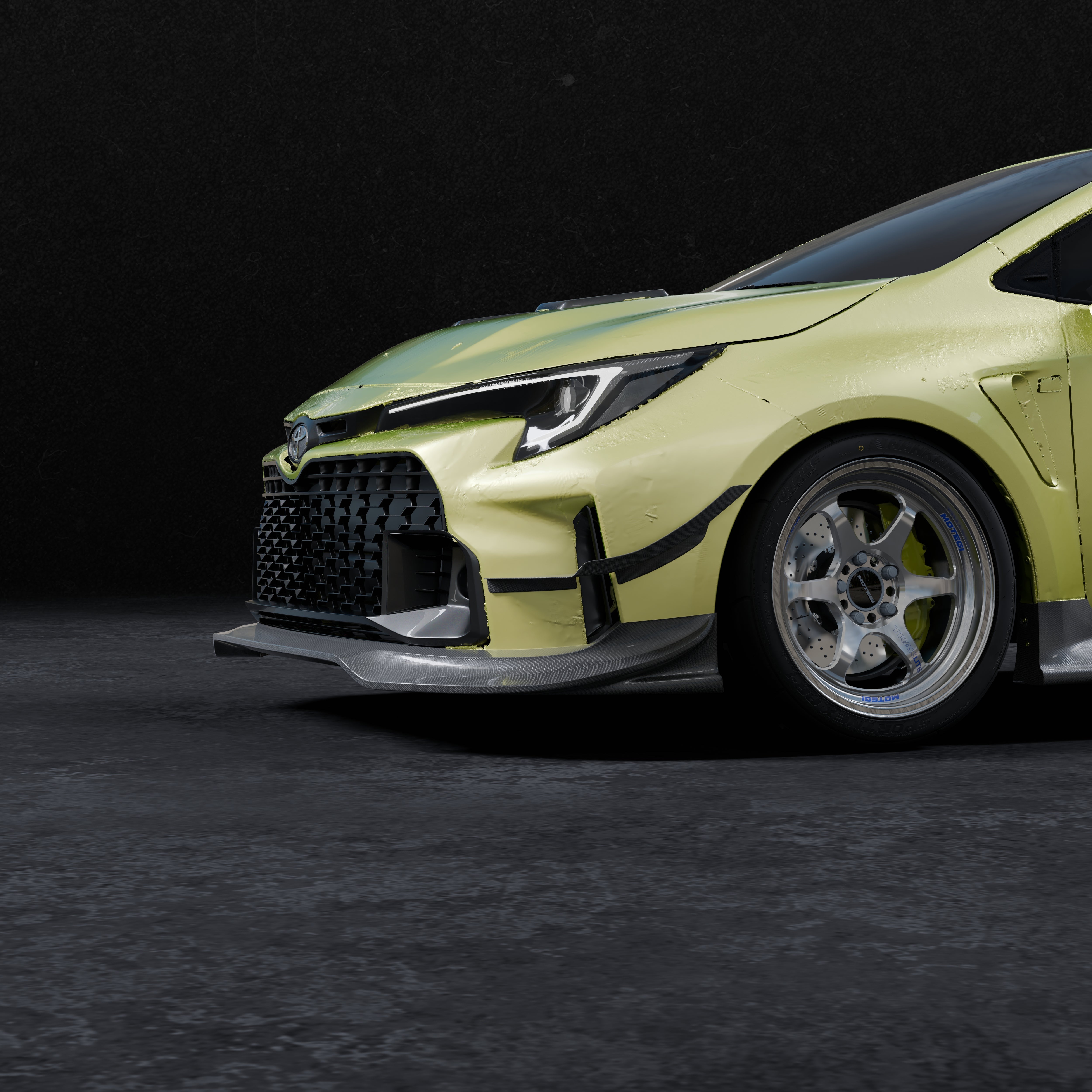 Close-up 3D render of the carbon fiber front lip V2 corner and wheel on a lime green GR Corolla