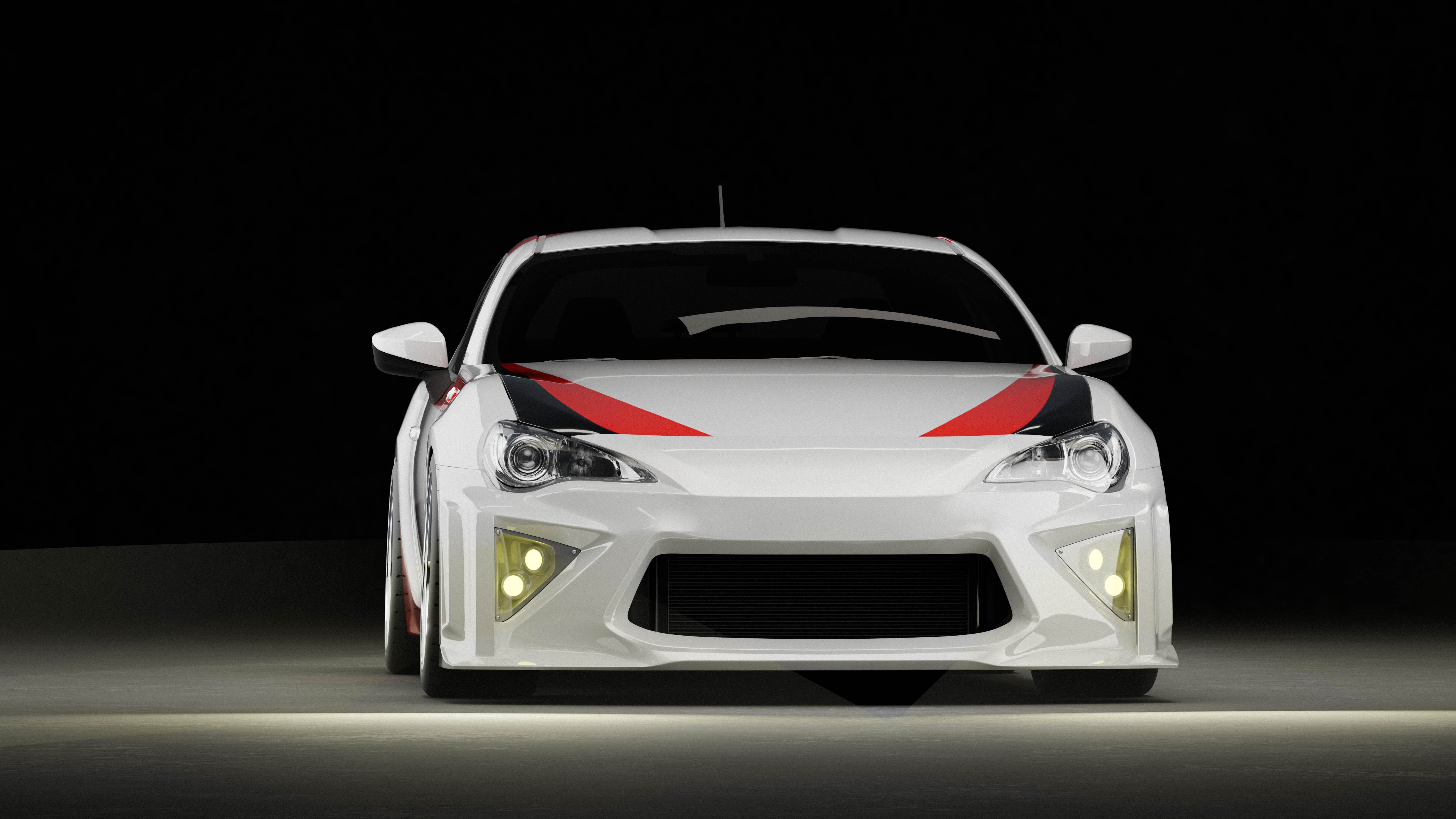 Render of a white GT86 front bumper with modular fog lights fitted
