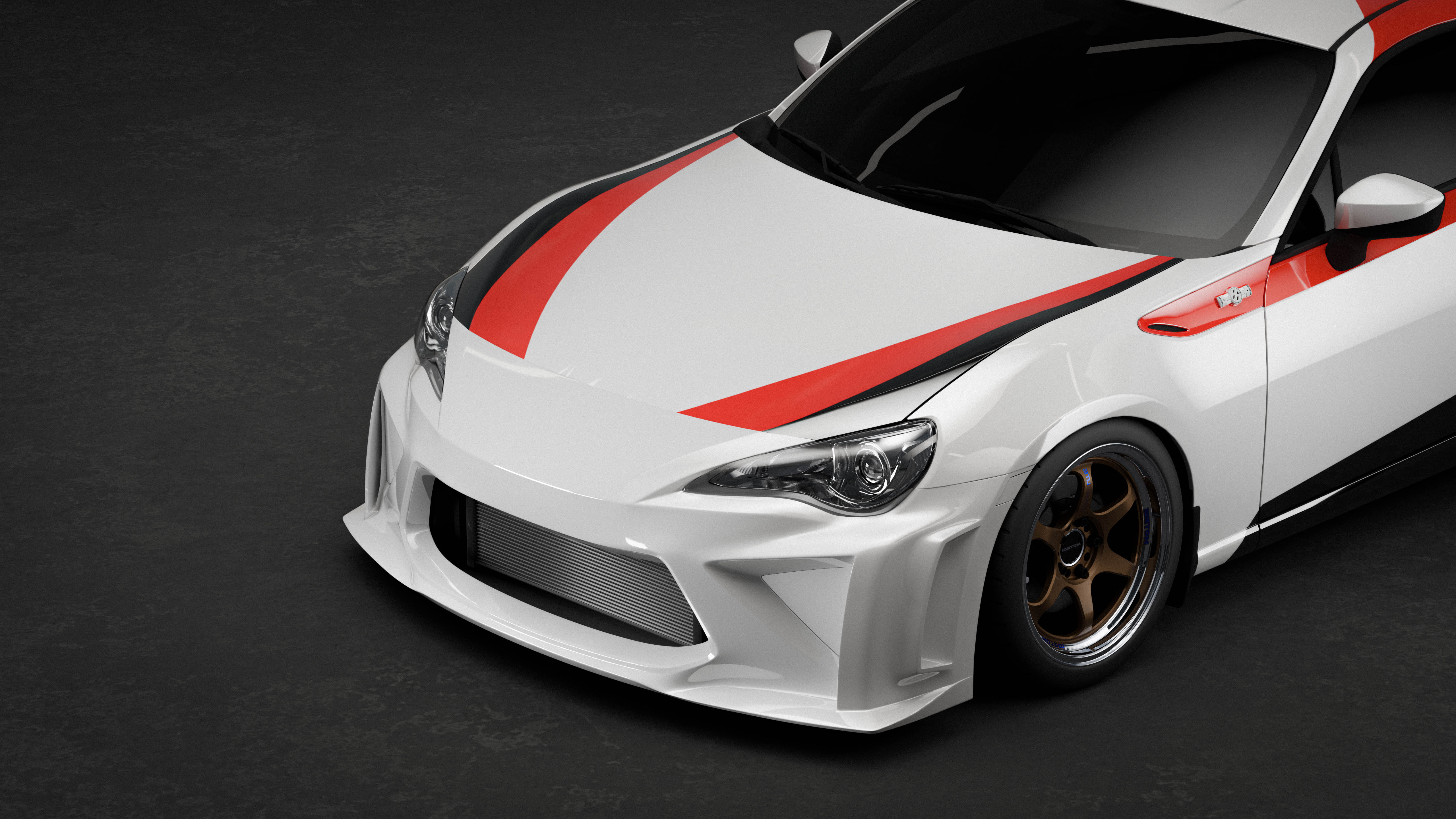 Front three-quarter render of a white Toyota GT86 with the Epsilon+ front bumper