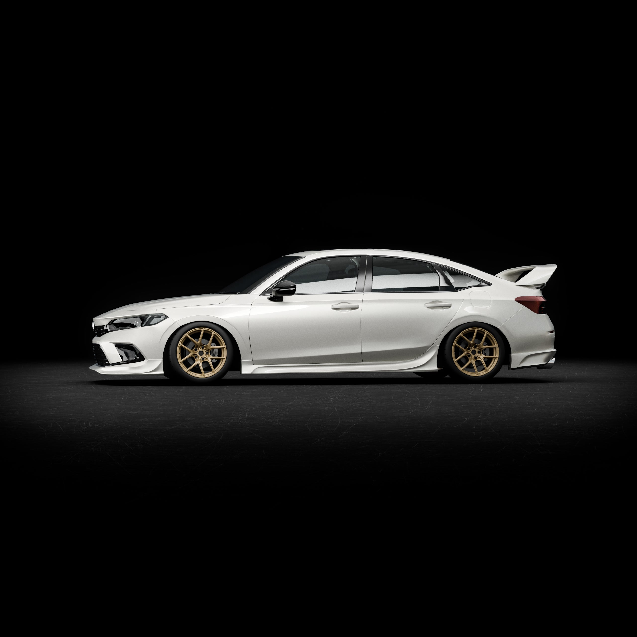 Side profile render of a white Honda Civic FE showing the Epsilon+ aero kit