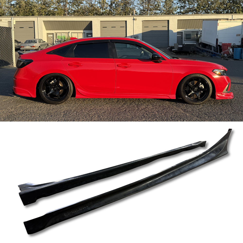 Epsilon+ side skirts for the Honda Civic Sedan/Hatchback FE/FL shown fitted and as standalone parts