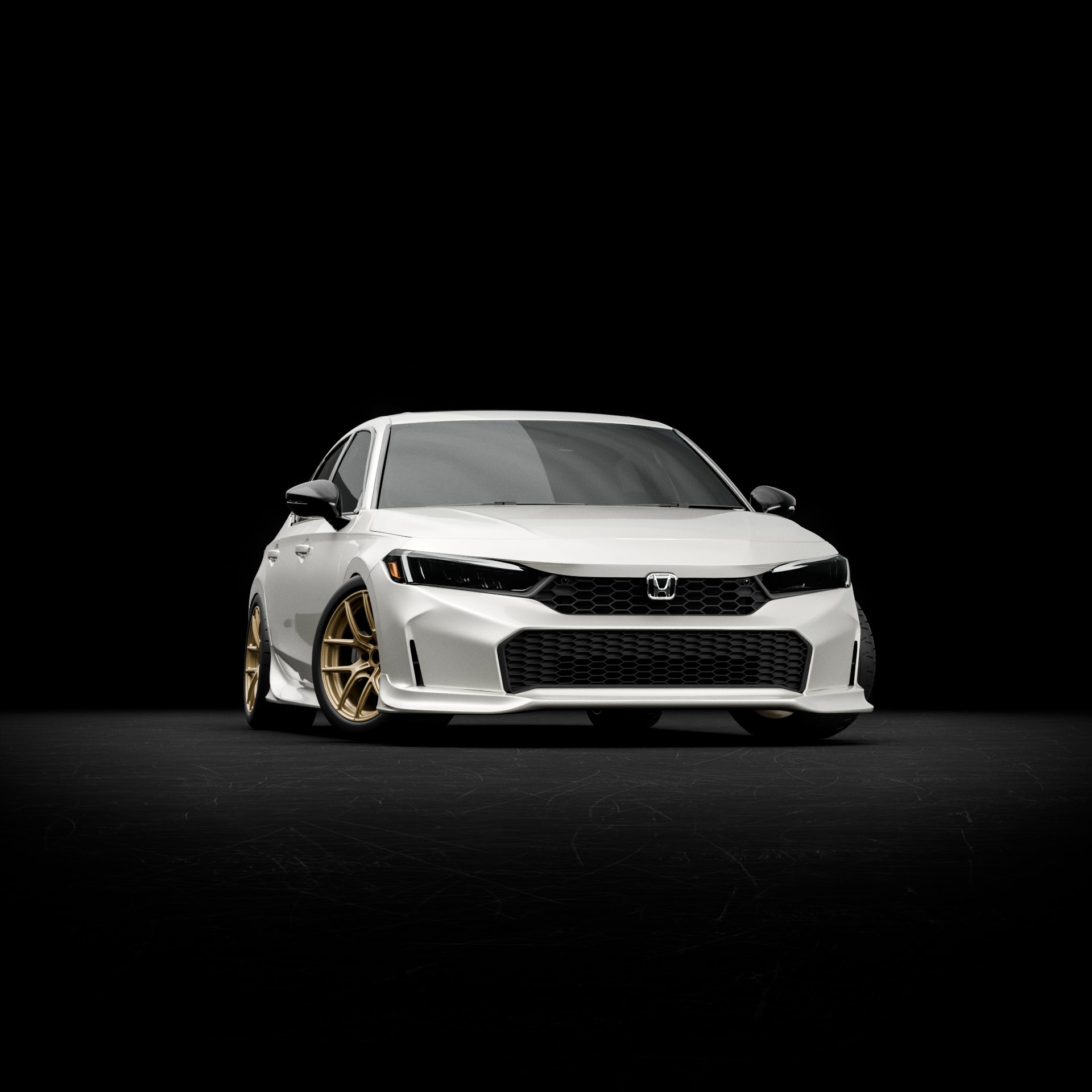 Studio render of a white Honda Civic Sedan with the Epsilon+ front lip, front view