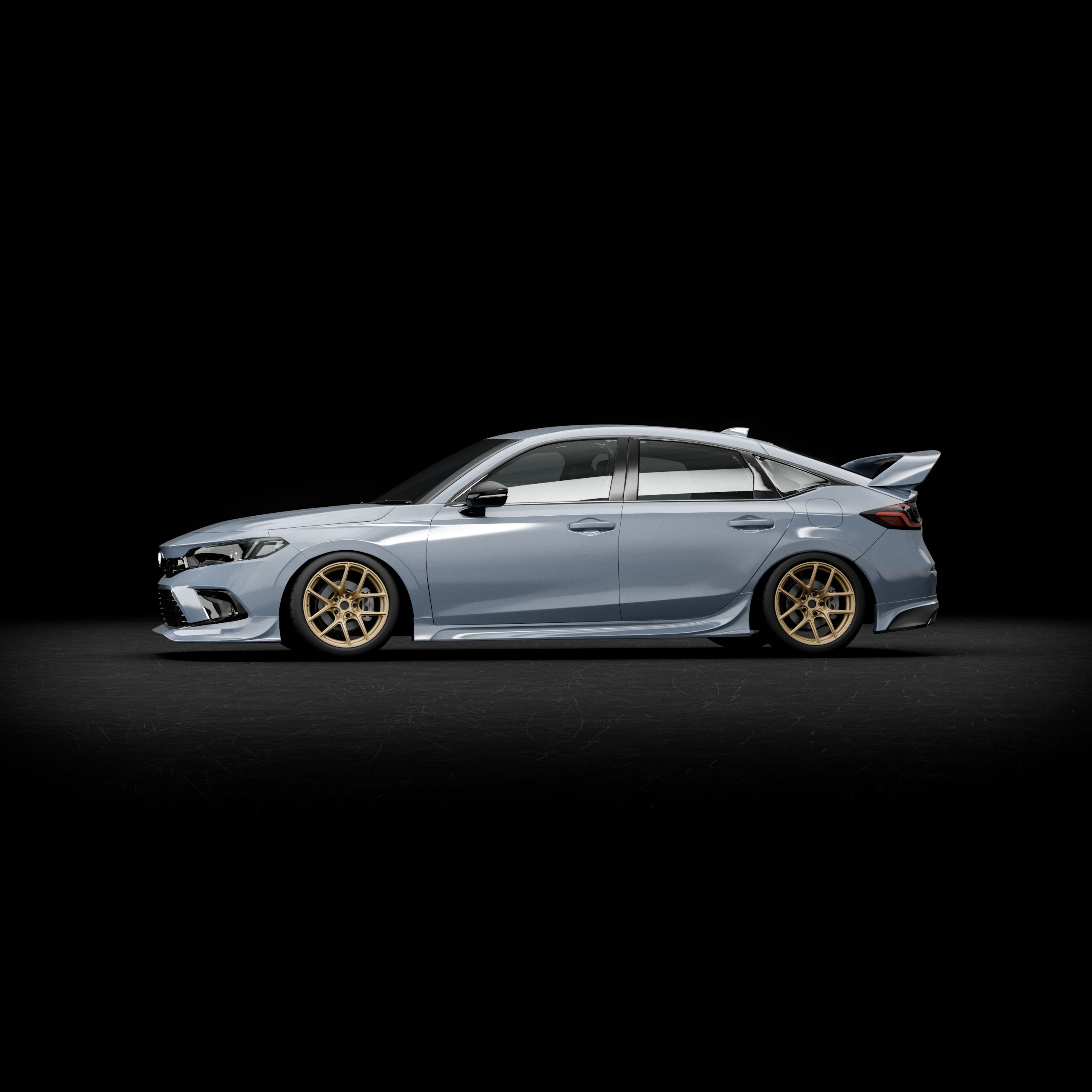 Studio render of a white Honda Civic Hatchback FL with the Epsilon+ aero kit, side profile