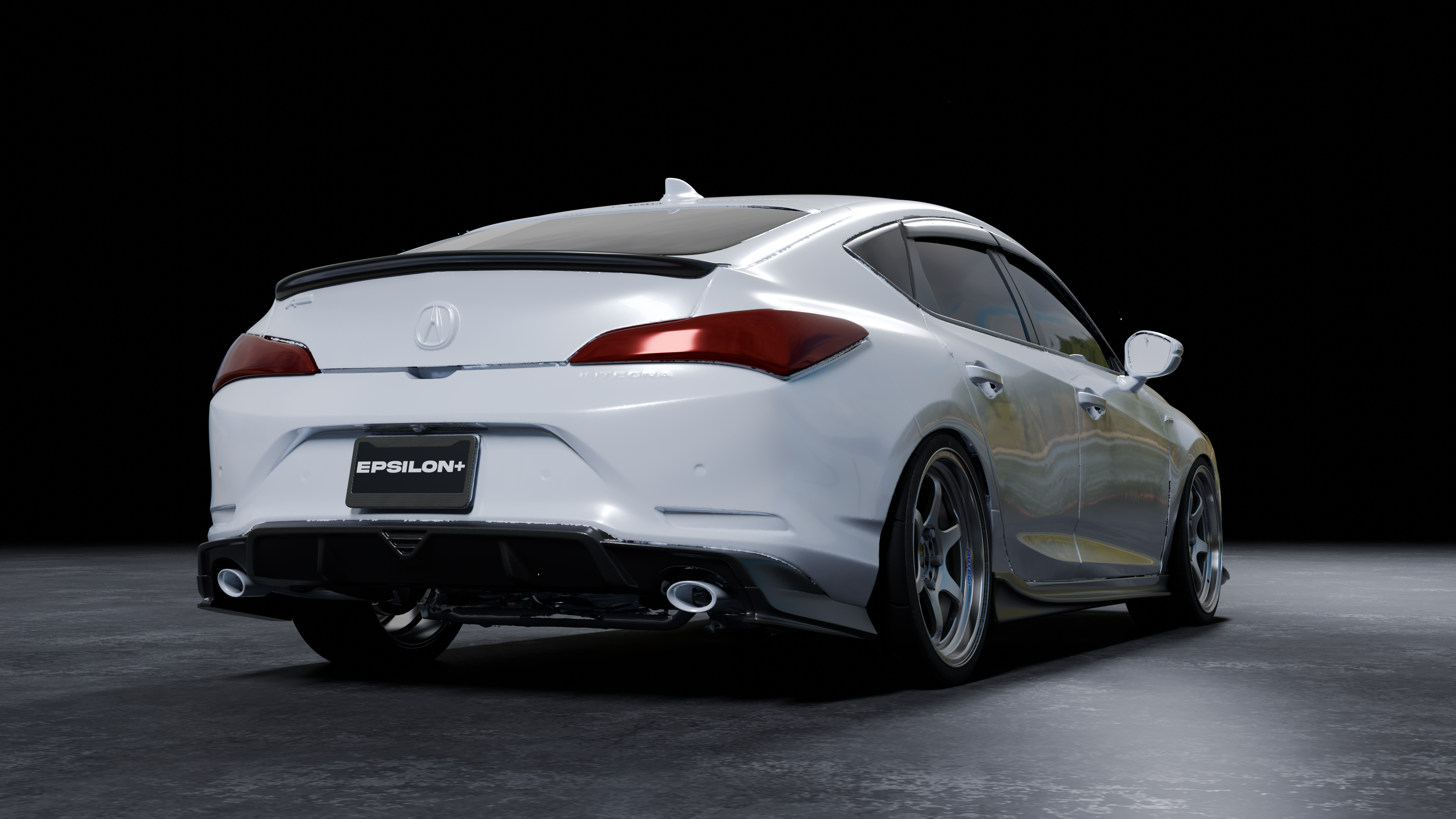 Rear three-quarter render of a white Acura Integra with the rear trunk lip