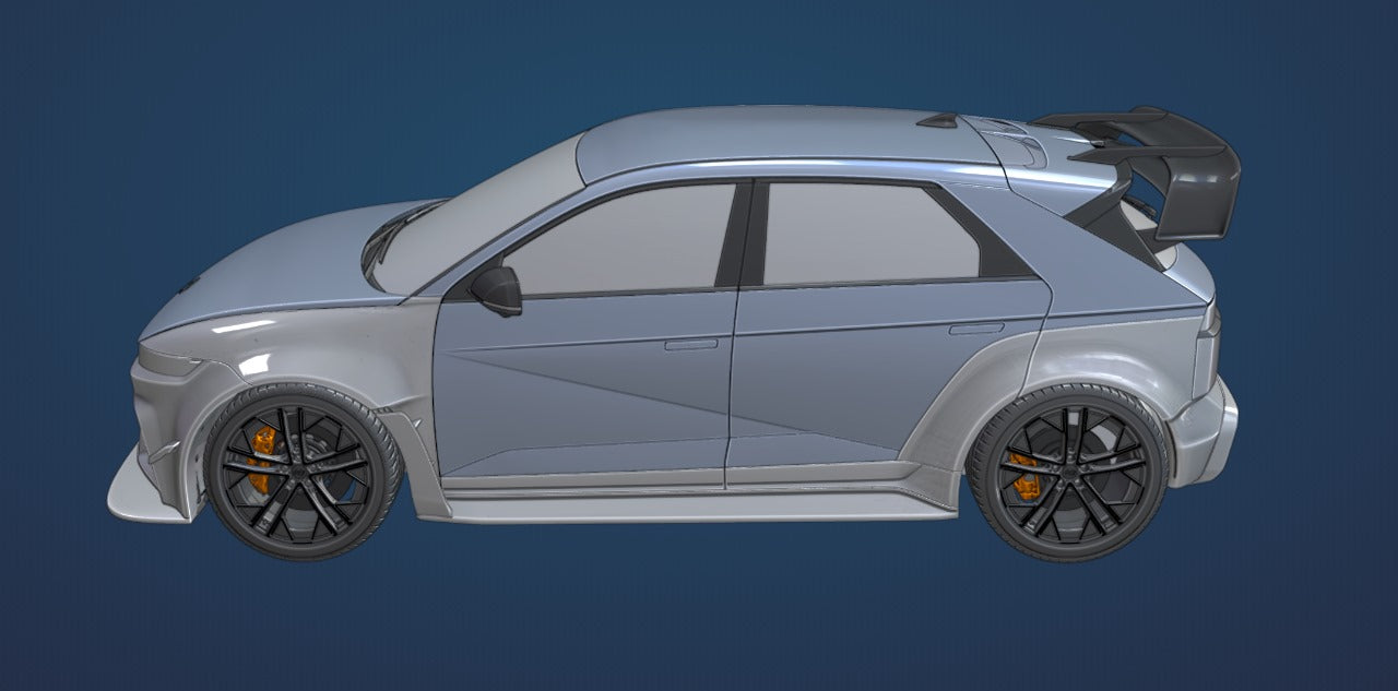 Side profile design render of the Epsilon+ R1 rear wing mounted on a Hyundai Ioniq 5N