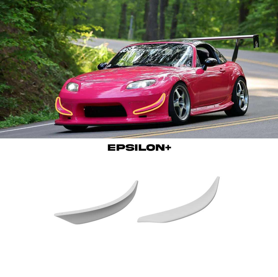 Epsilon+ canards for the Mazda MX-5 Miata NC shown fitted and as standalone parts