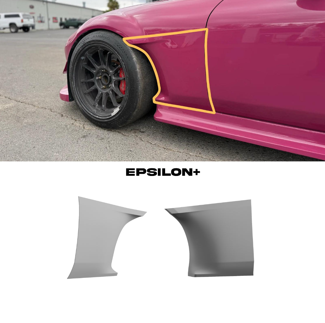 Epsilon+ fender cuts for the Mazda MX-5 Miata NC shown fitted and as standalone parts