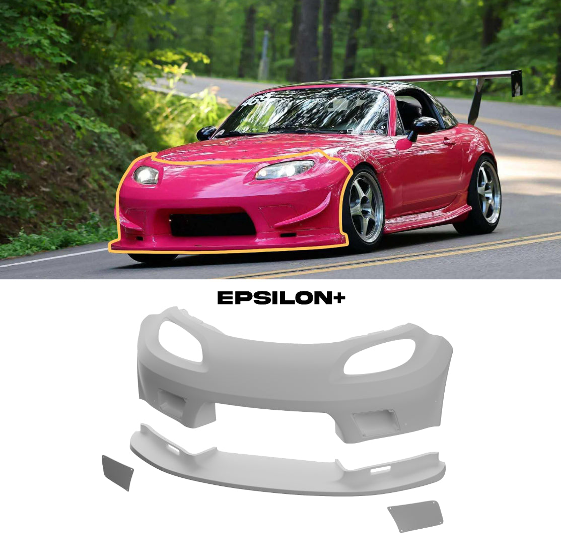 Epsilon+ front bumper for the Mazda MX-5 Miata NC shown fitted and as standalone parts