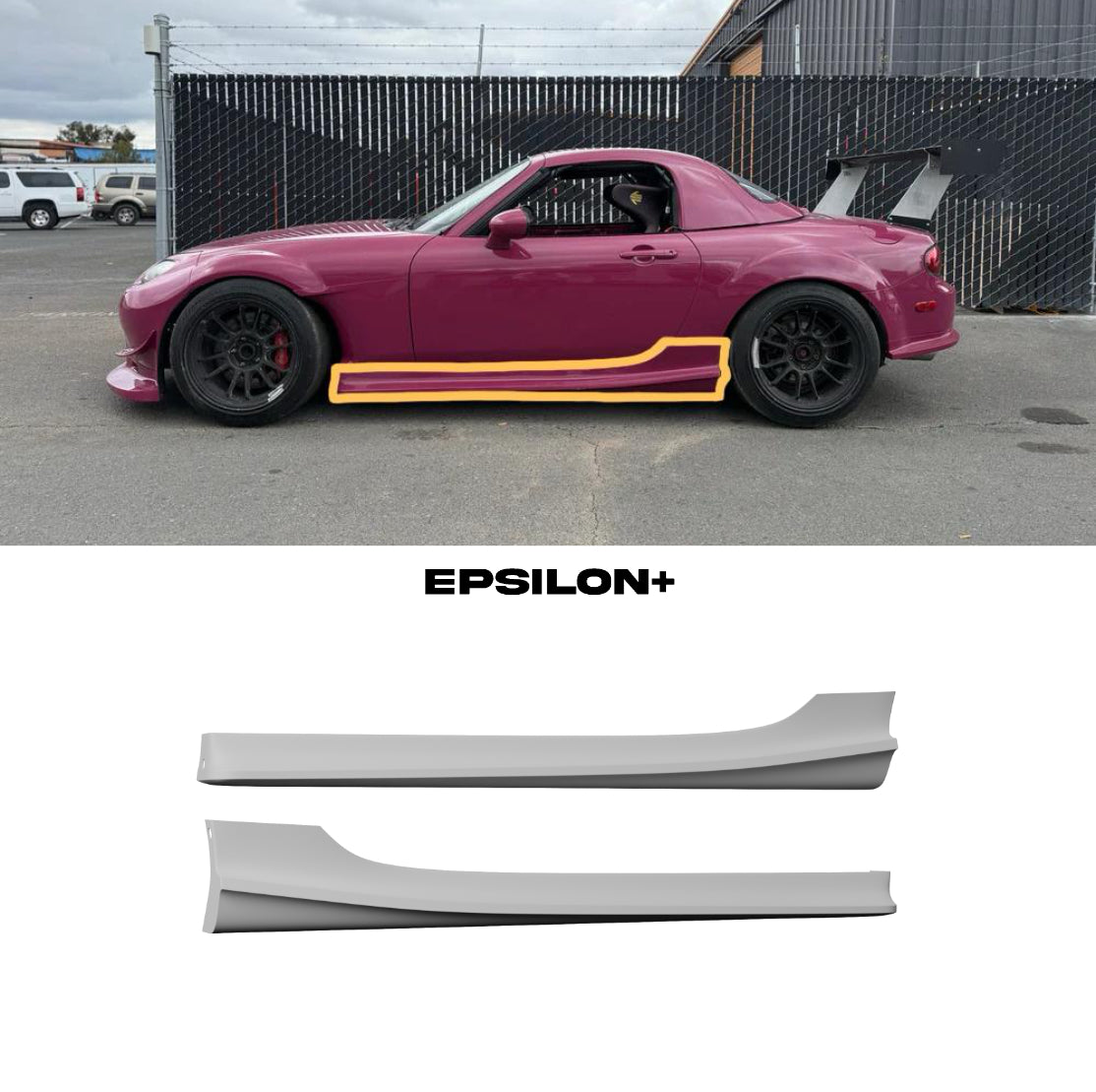 Epsilon+ side skirts for the Mazda MX-5 Miata NC shown fitted and as standalone parts