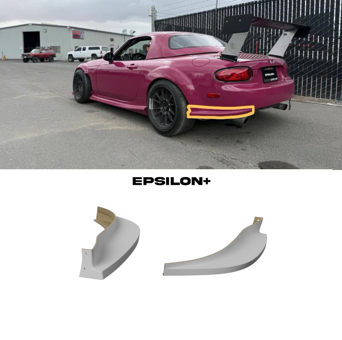 Epsilon+ rear spats for the Mazda MX-5 Miata NC1 shown fitted and as standalone parts